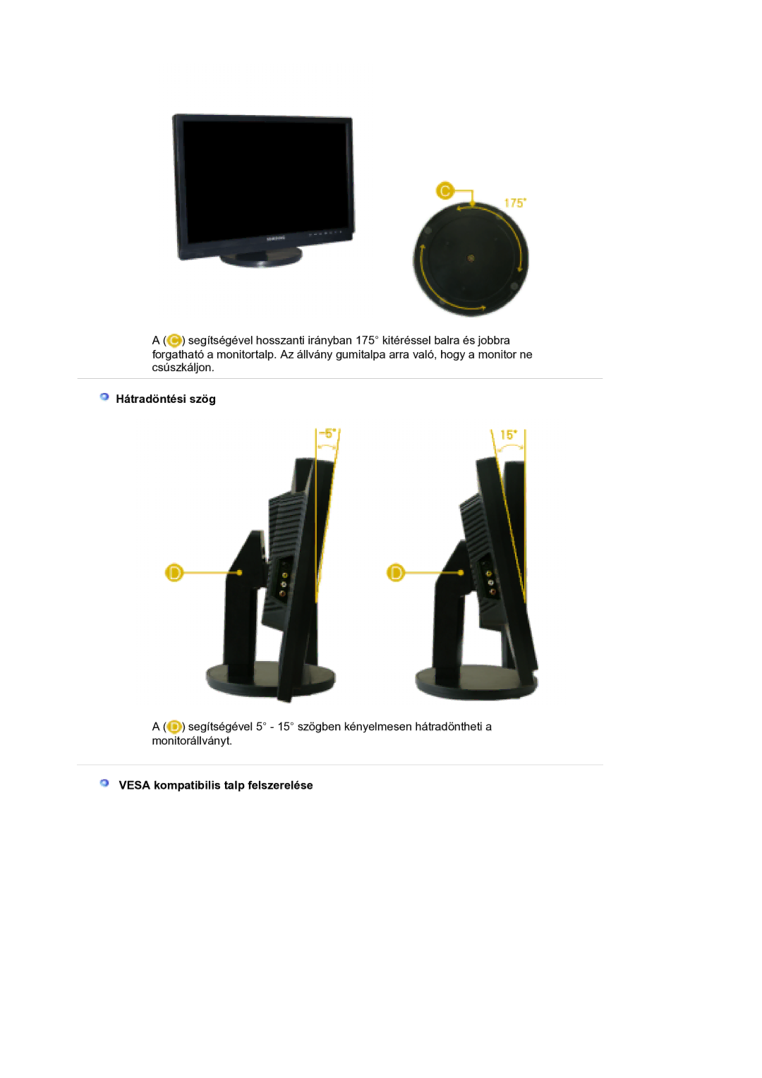 Samsung LS21DPWASQ/EDC manual Hátradöntési szög, Vesa kompatibilis talp felszerelése 