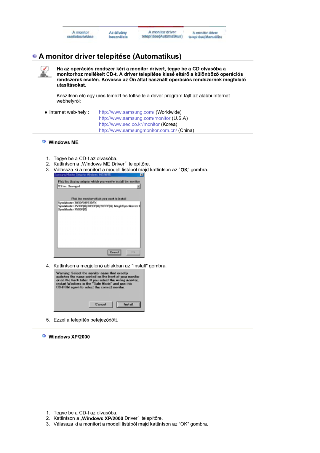Samsung LS21DPWASQ/EDC manual Windows ME, Windows XP/2000 