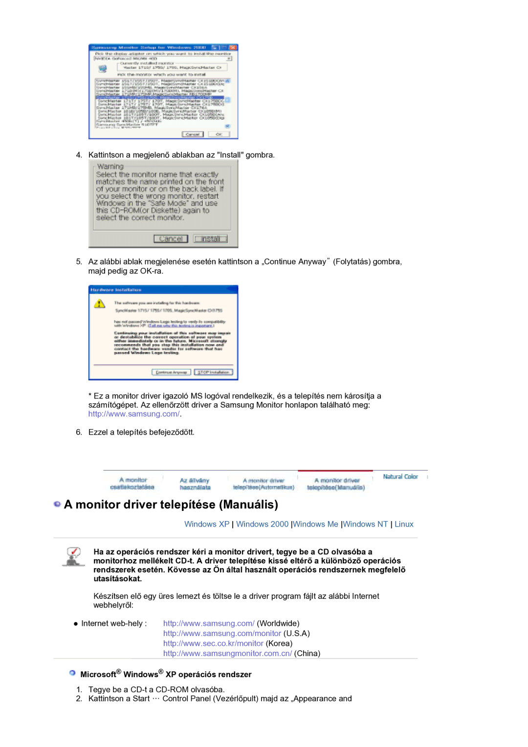 Samsung LS21DPWASQ/EDC manual Monitor driver telepítése Manuális, Microsoft Windows XP operációs rendszer 