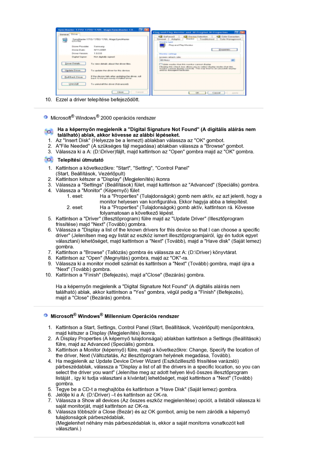 Samsung LS21DPWASQ/EDC manual Telepítési útmutató, Microsoft Windows Millennium Operációs rendszer 