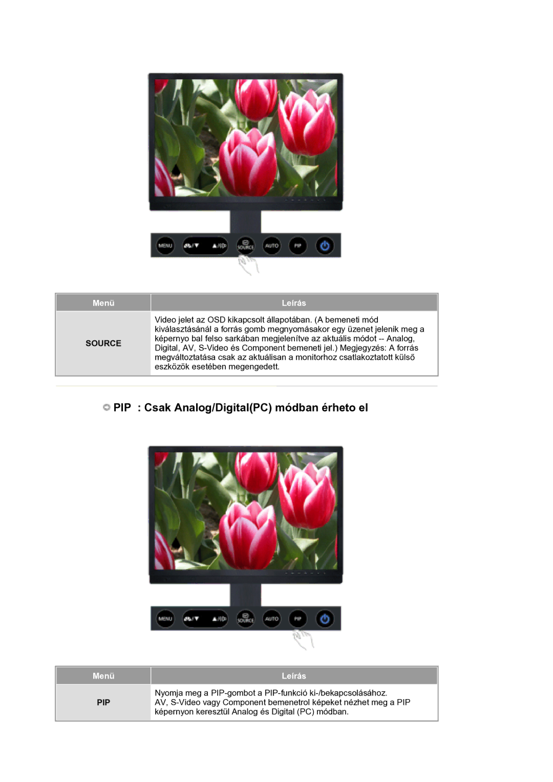 Samsung LS21DPWASQ/EDC manual PIP Csak Analog/DigitalPC módban érheto el 