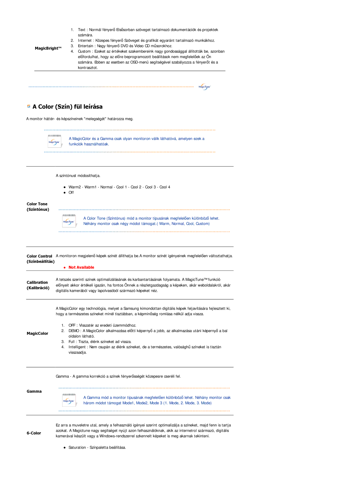 Samsung LS21DPWASQ/EDC manual Color Szín fül leírása 