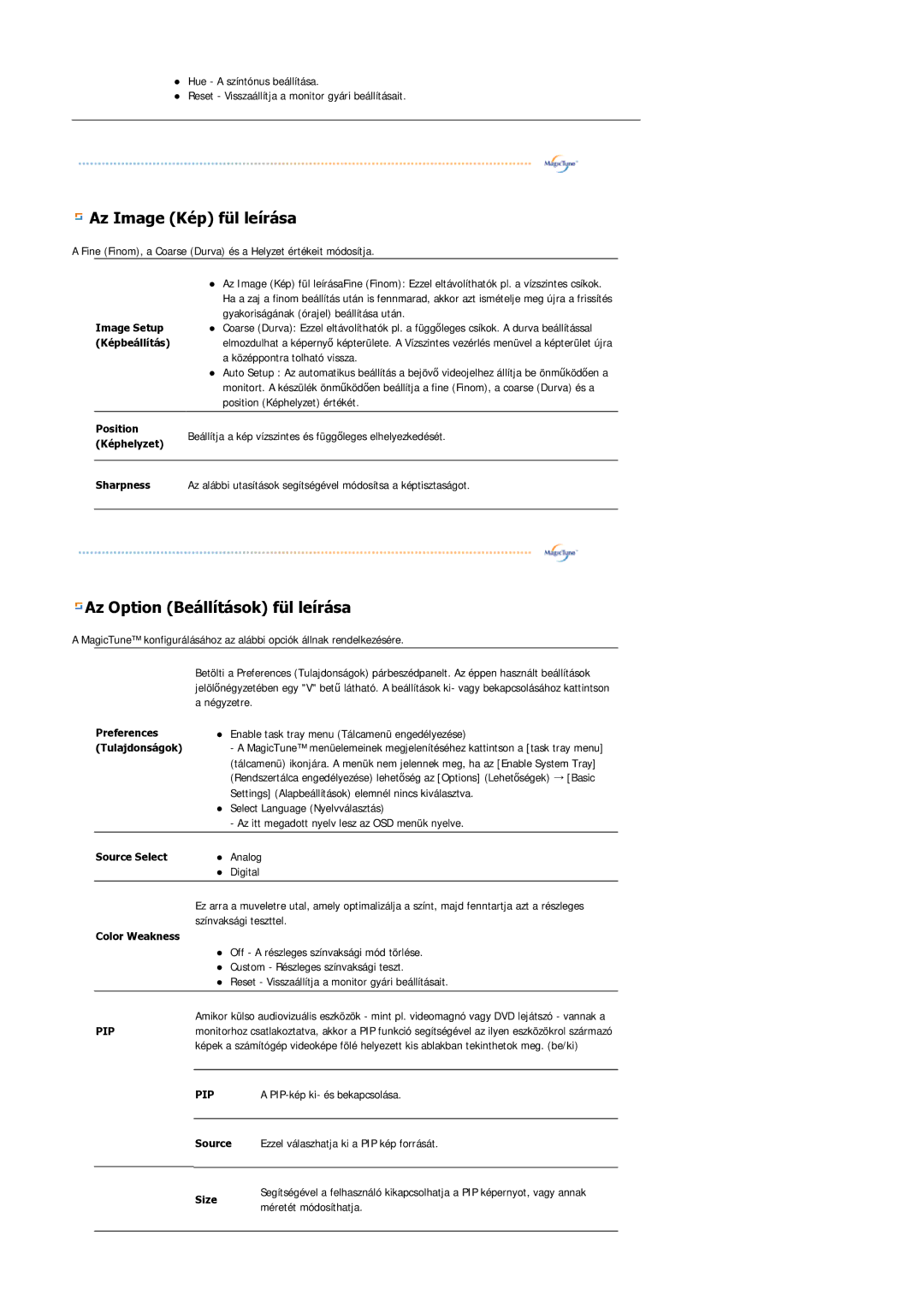 Samsung LS21DPWASQ/EDC manual Az Image Kép fül leírása 