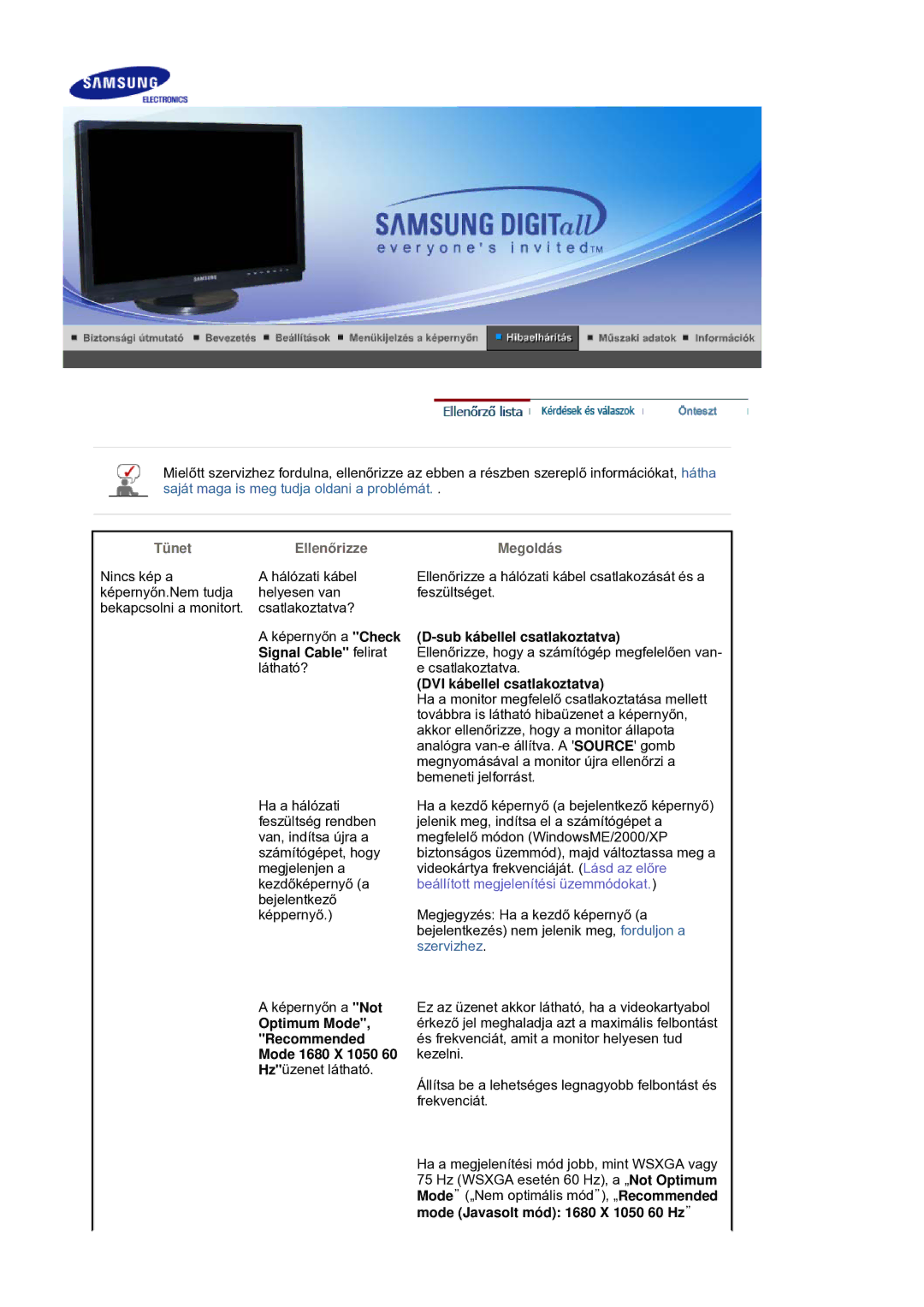 Samsung LS21DPWASQ/EDC manual Sub kábellel csatlakoztatva, Signal Cable felirat, DVI kábellel csatlakoztatva, Optimum Mode 