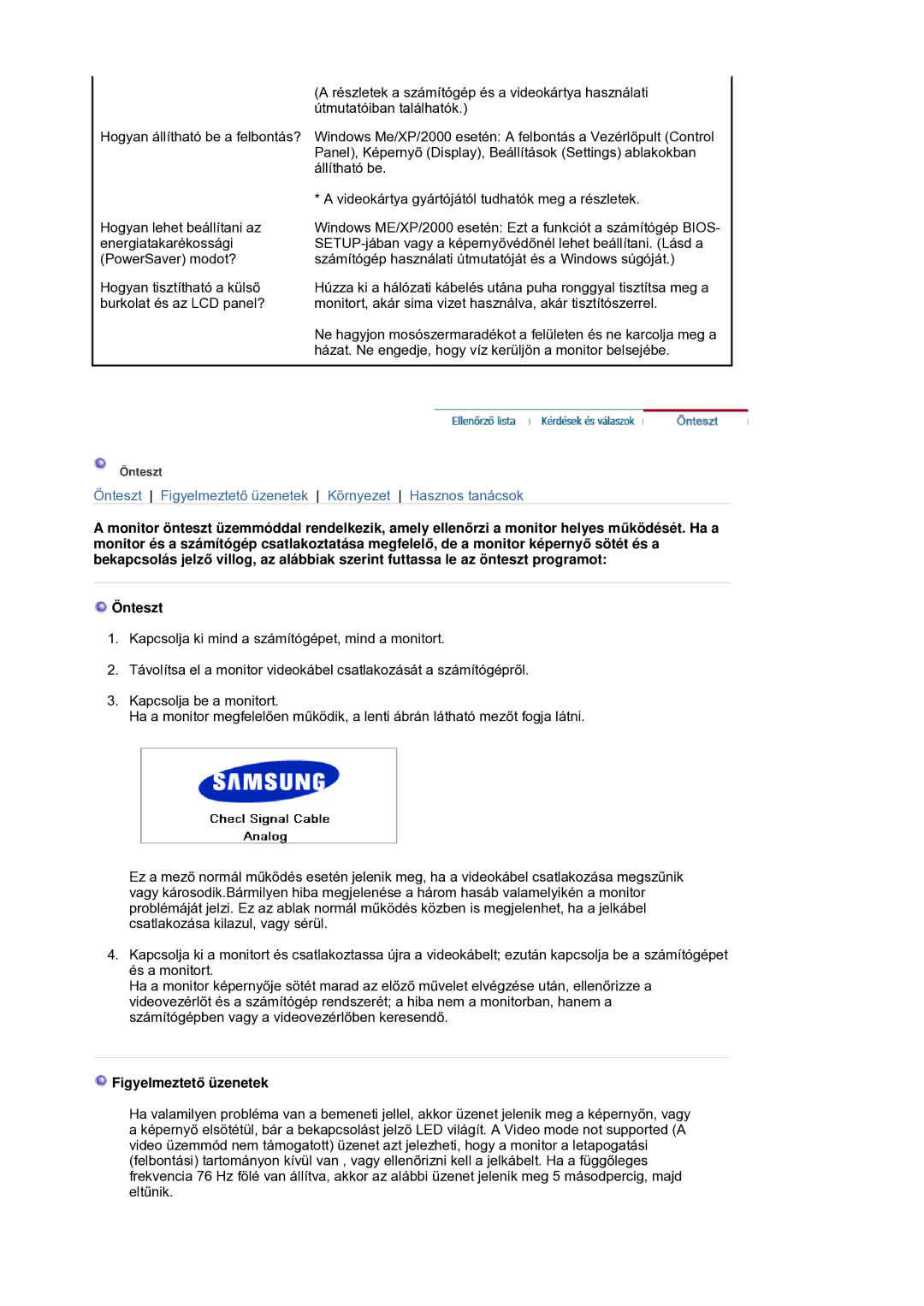 Samsung LS21DPWASQ/EDC manual FigyelmeztetĘ üzenetek 