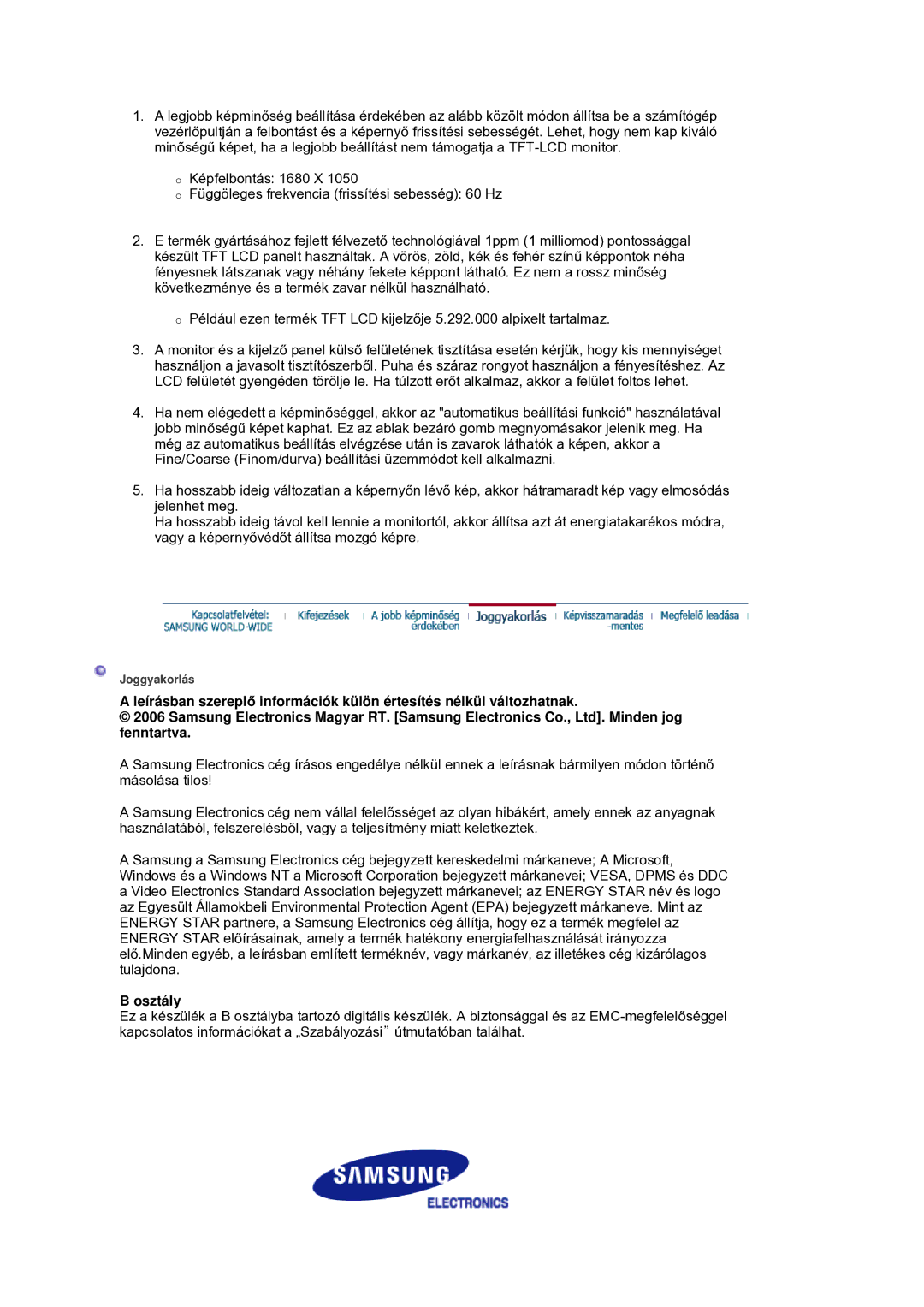 Samsung LS21DPWASQ/EDC manual Osztály 