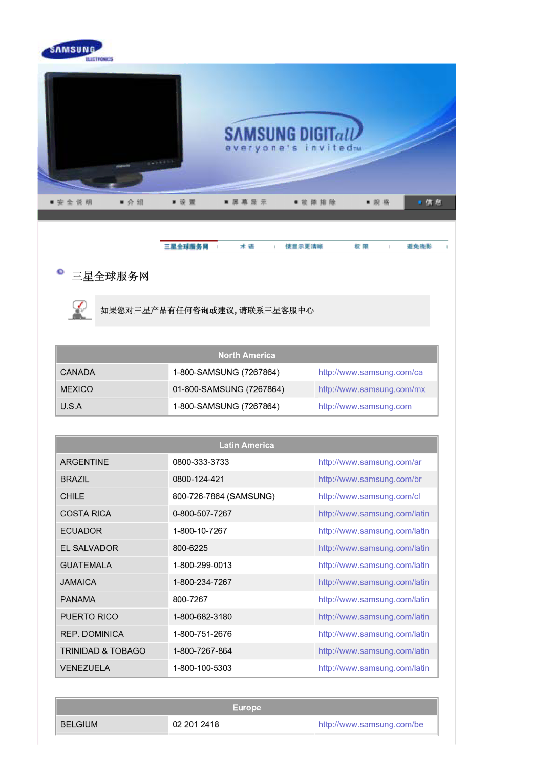 Samsung LS21DPWASQ/EDC manual 三星全球服务网, 如果您对三星产品有任何咨询或建议, 请联系三星客服中心 