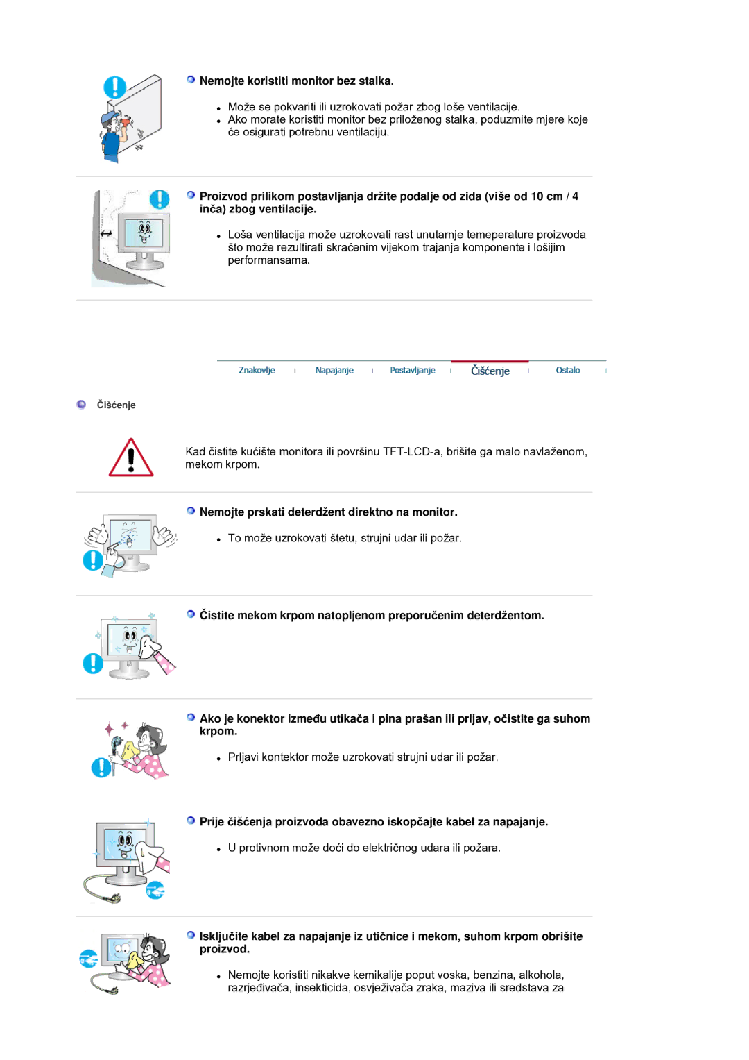 Samsung LS21DPWASQ/EDC manual Nemojte koristiti monitor bez stalka, Nemojte prskati deterdžent direktno na monitor 