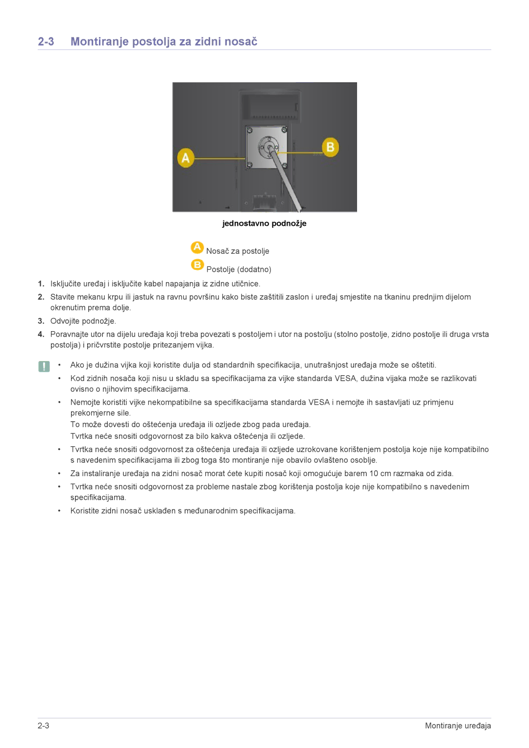 Samsung LS22A200BST/EN manual Montiranje postolja za zidni nosač, Jednostavno podnožje 