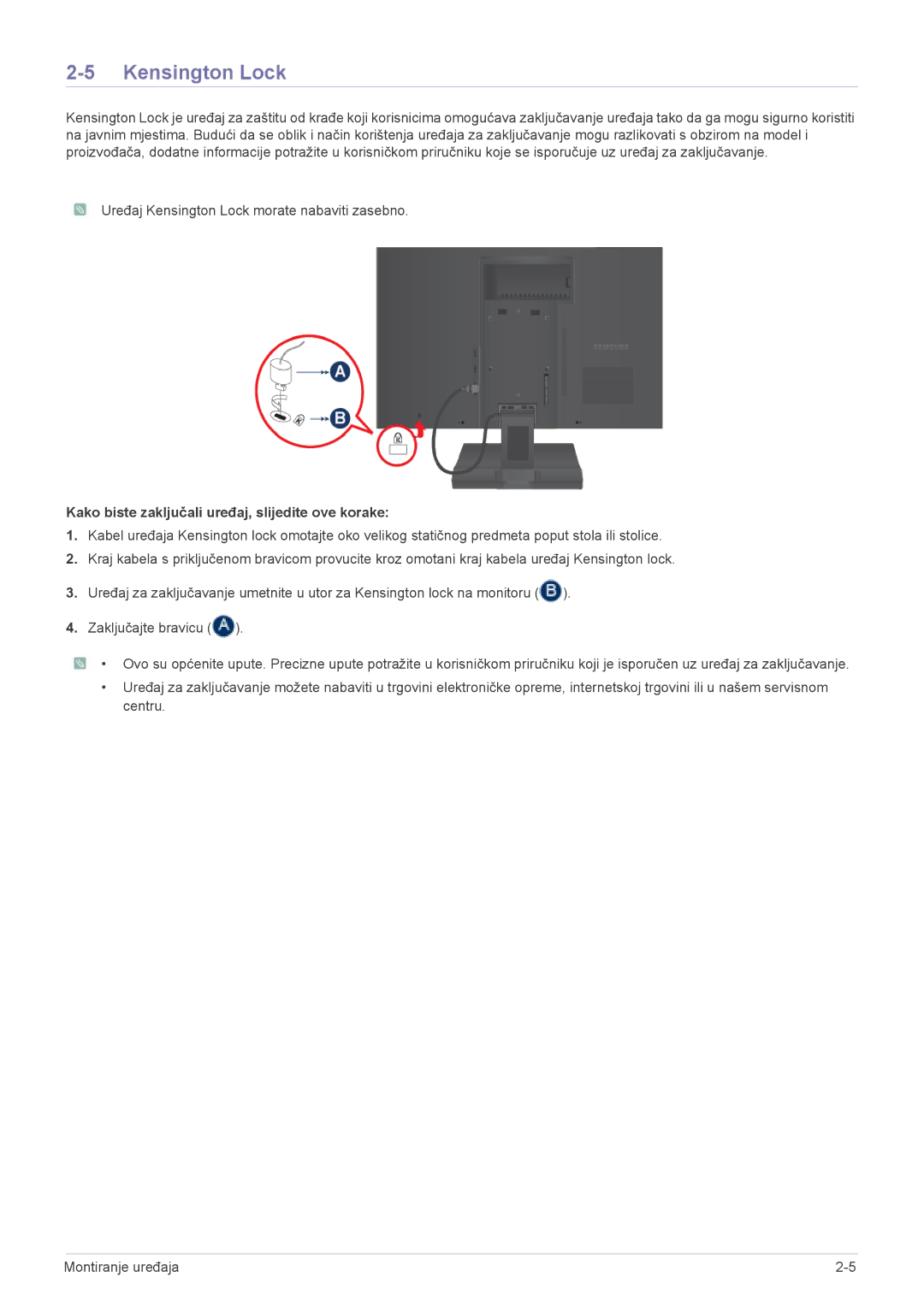 Samsung LS22A200BST/EN manual Kensington Lock, Kako biste zaključali uređaj, slijedite ove korake 