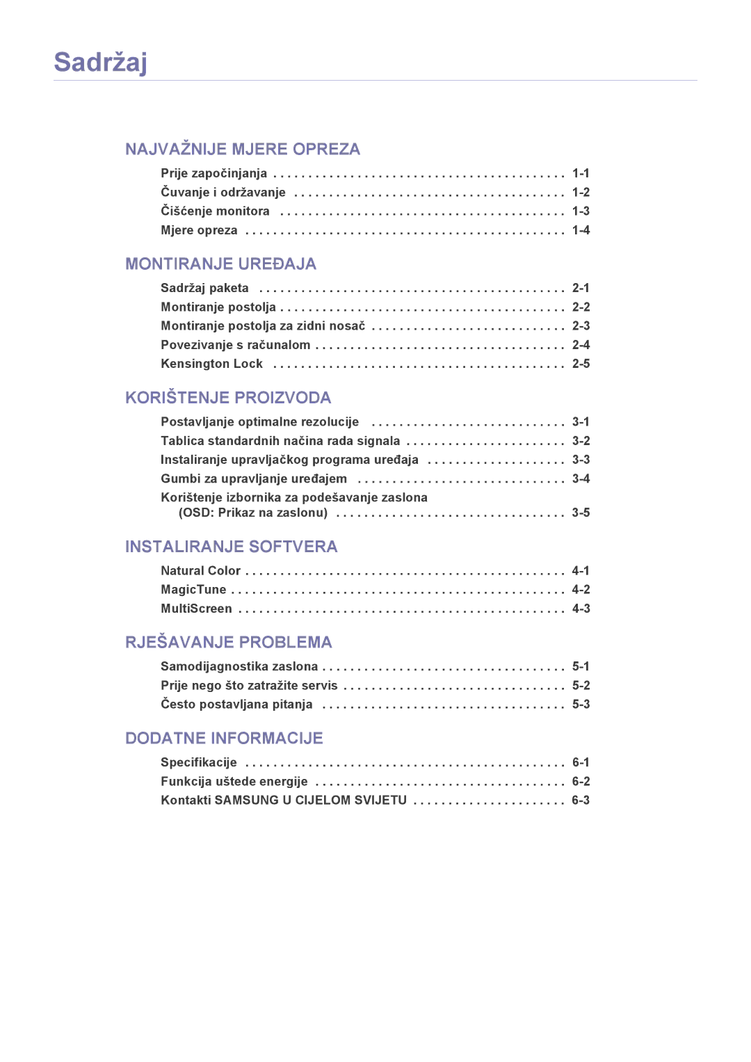 Samsung LS22A200BST/EN manual Sadržaj, OSD Prikaz na zaslonu 