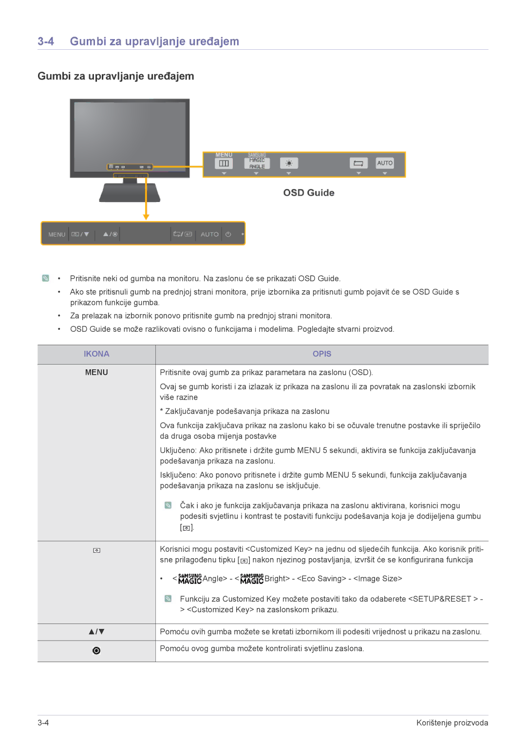 Samsung LS22A200BST/EN manual Gumbi za upravljanje uređajem, Ikona Opis 