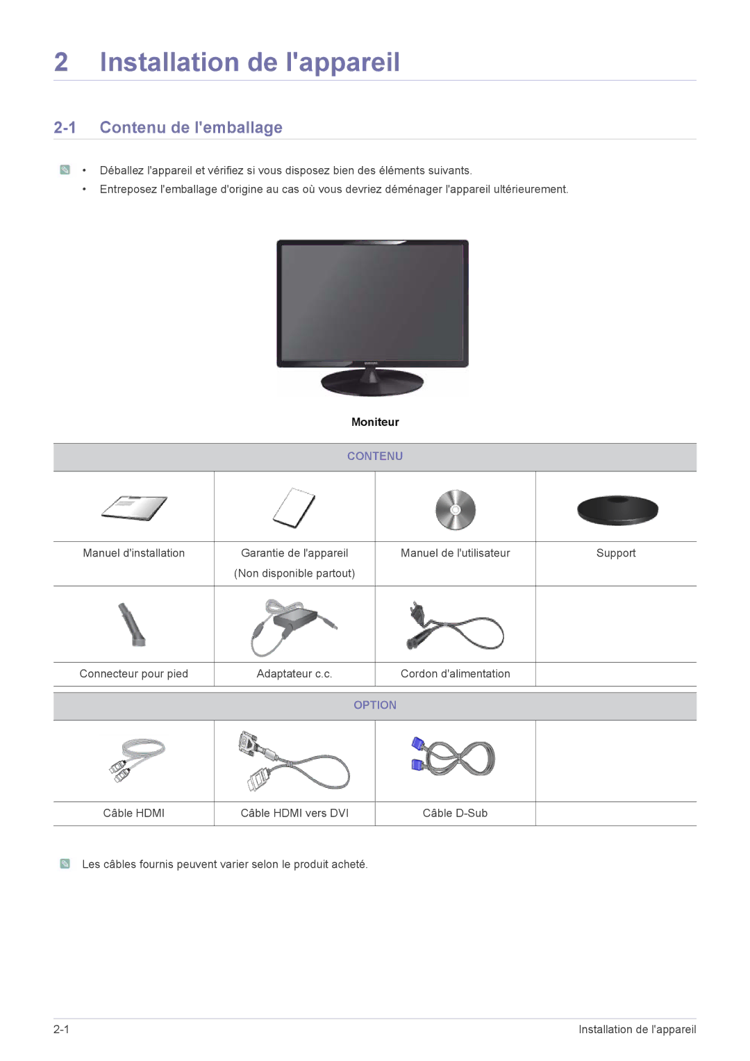 Samsung LS22A300HSZ/EN, LS24A300HSZ/EN, LS22A300HS/EN manual Installation de lappareil, Contenu de lemballage, Option 