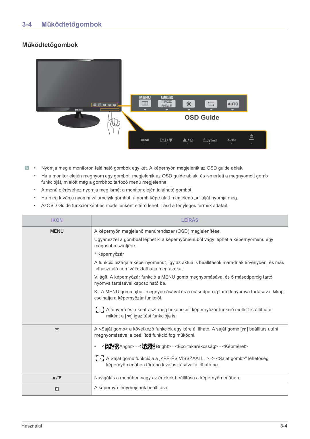 Samsung LS22A300HS/EN, LS22A300HSZ/EN, LS24A300HSZ/EN manual Működtetőgombok, Ikon Leírás 