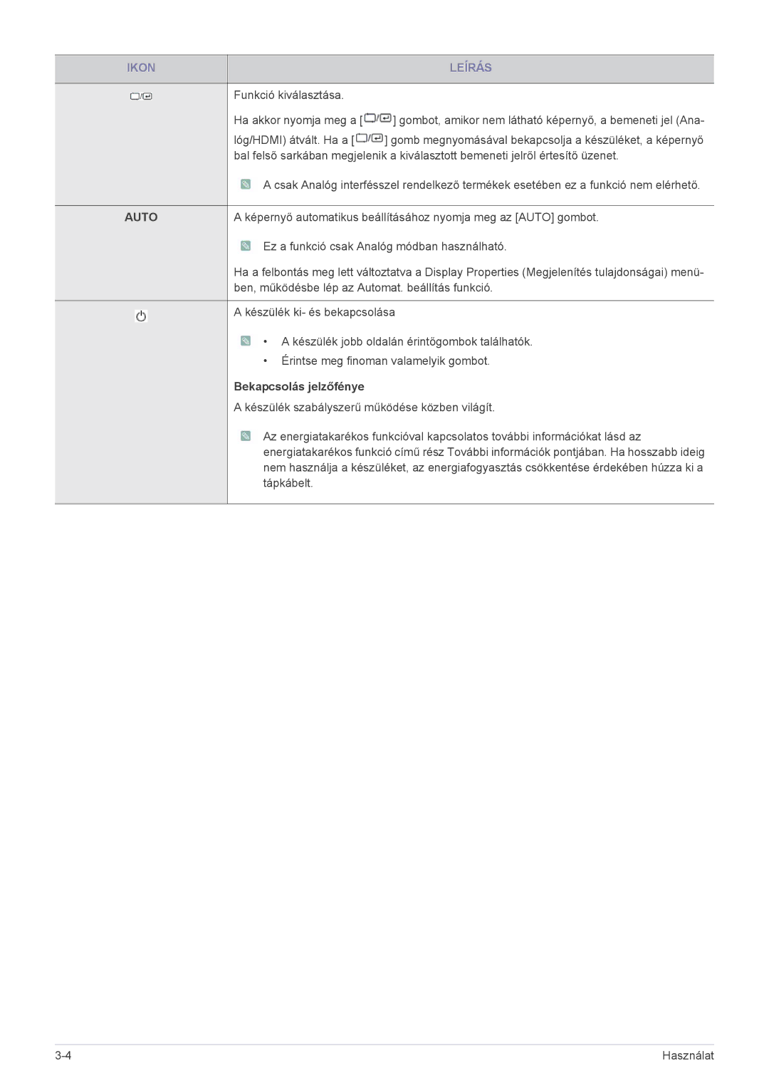 Samsung LS22A300HSZ/EN, LS24A300HSZ/EN, LS22A300HS/EN manual Auto, Bekapcsolás jelzőfénye 