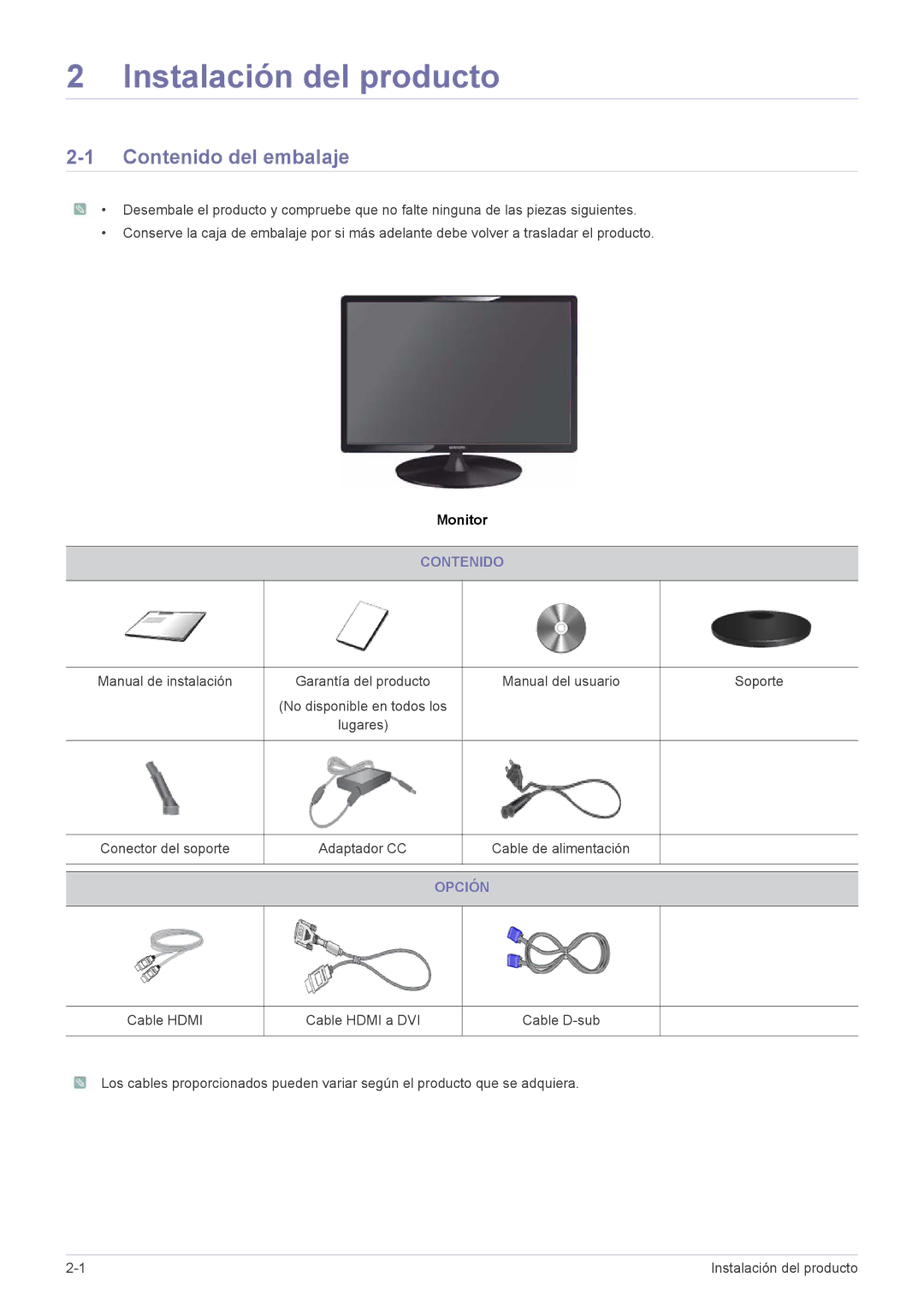 Samsung LS22A300HSZ/EN, LS24A300HSZ/EN manual Instalación del producto, Contenido del embalaje, Opción 