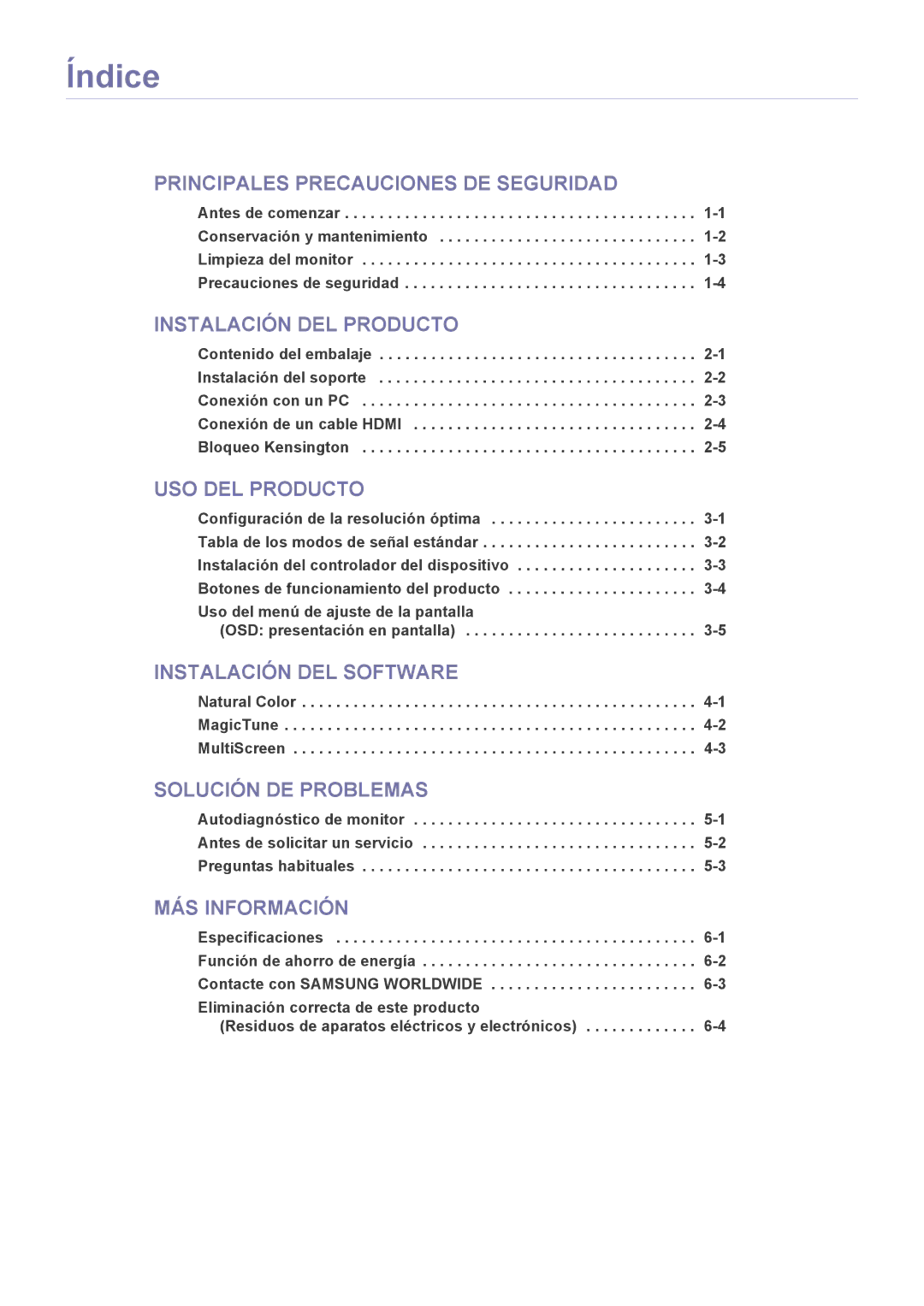 Samsung LS22A300HSZ/EN, LS24A300HSZ/EN manual Índice, Principales Precauciones DE Seguridad 