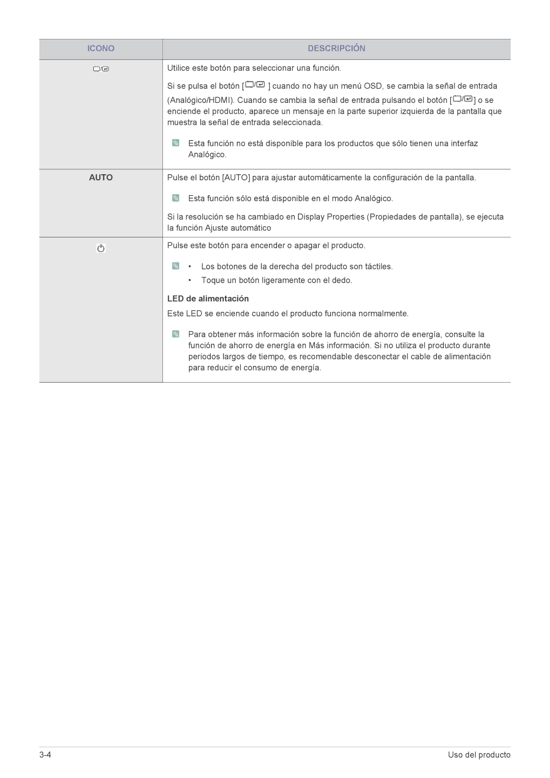 Samsung LS22A300HSZ/EN, LS24A300HSZ/EN manual Auto, LED de alimentación 