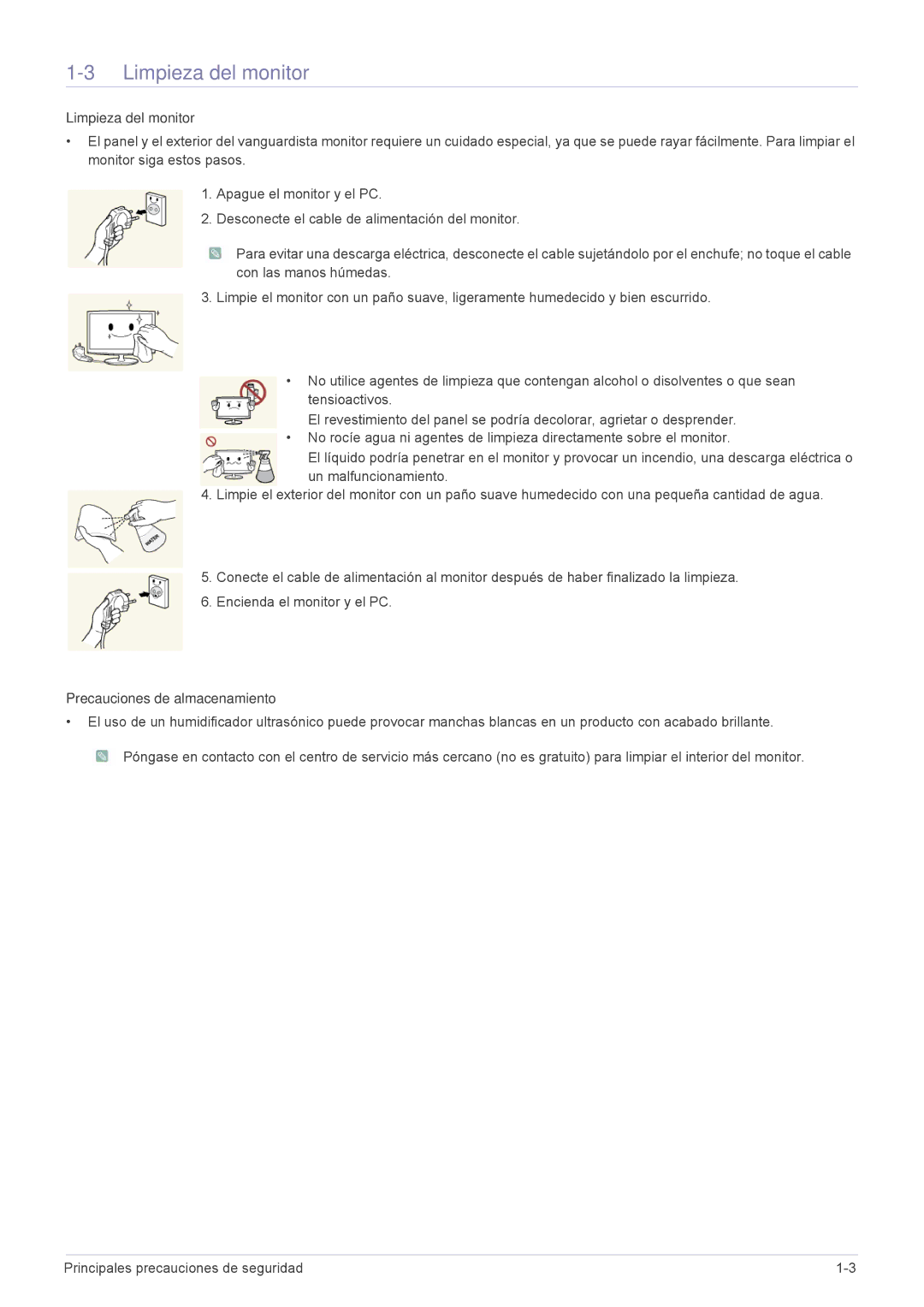 Samsung LS24A300HSZ/EN, LS22A300HSZ/EN manual Limpieza del monitor, Precauciones de almacenamiento 