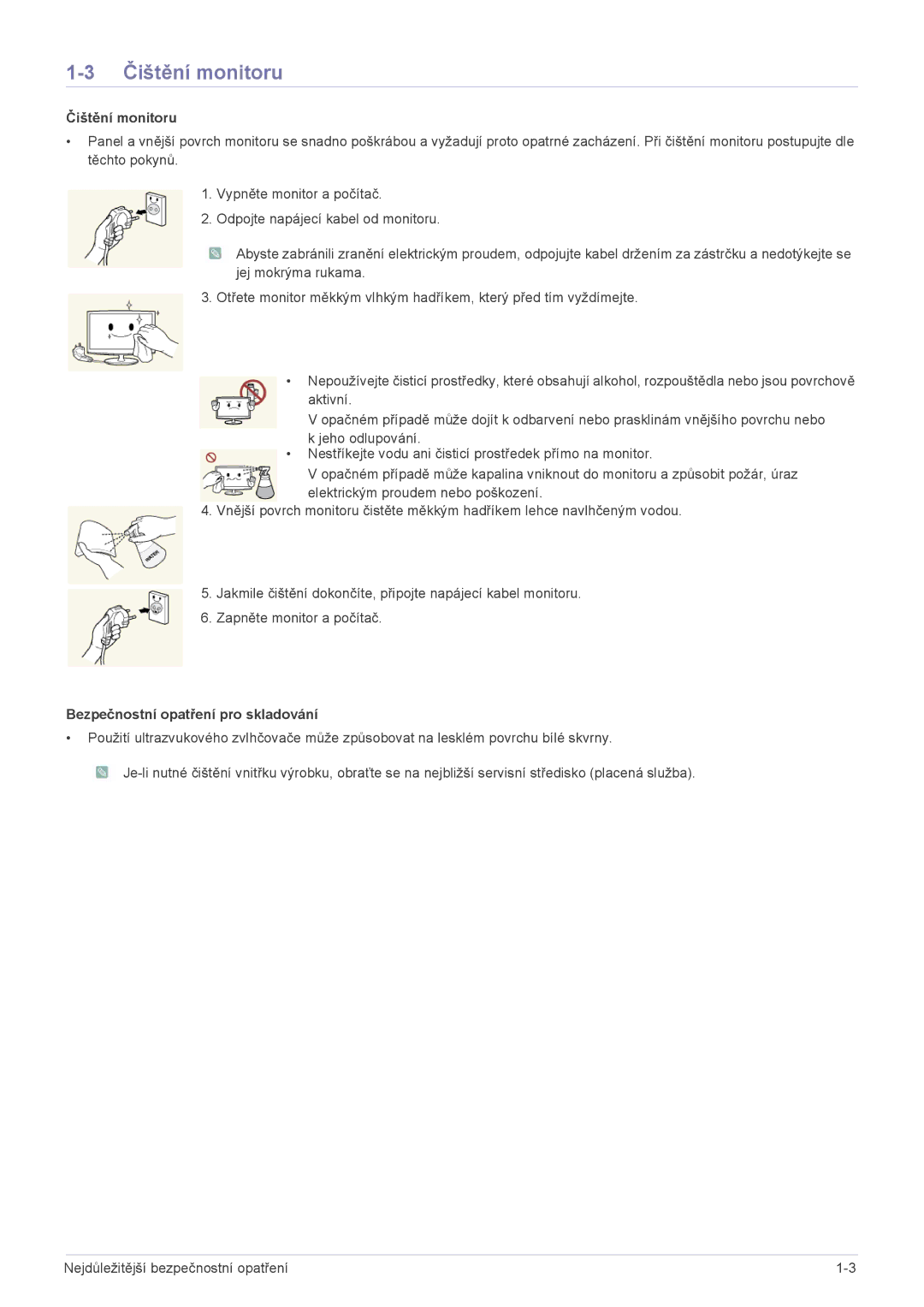 Samsung LS24A300HSZ/EN, LS22A300HSZ/EN manual Čištění monitoru, Bezpečnostní opatření pro skladování 
