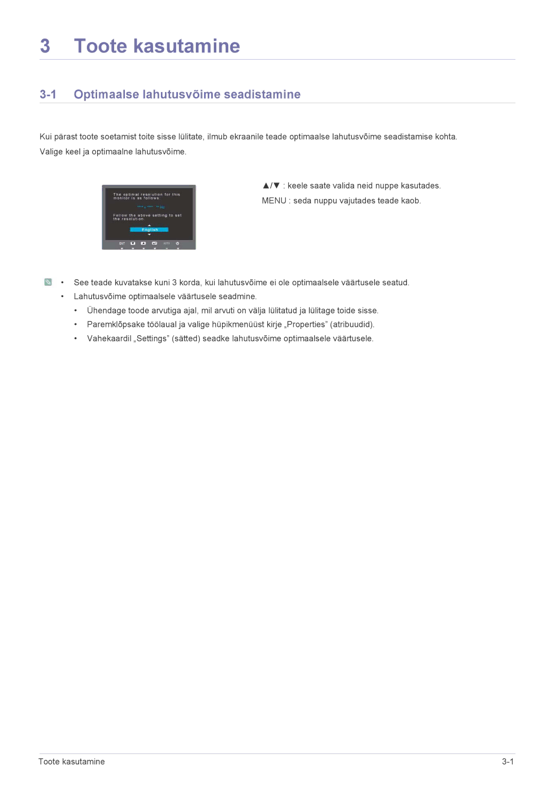 Samsung LS24A300HSZ/EN, LS22A300HSZ/EN manual Toote kasutamine, Optimaalse lahutusvõime seadistamine 