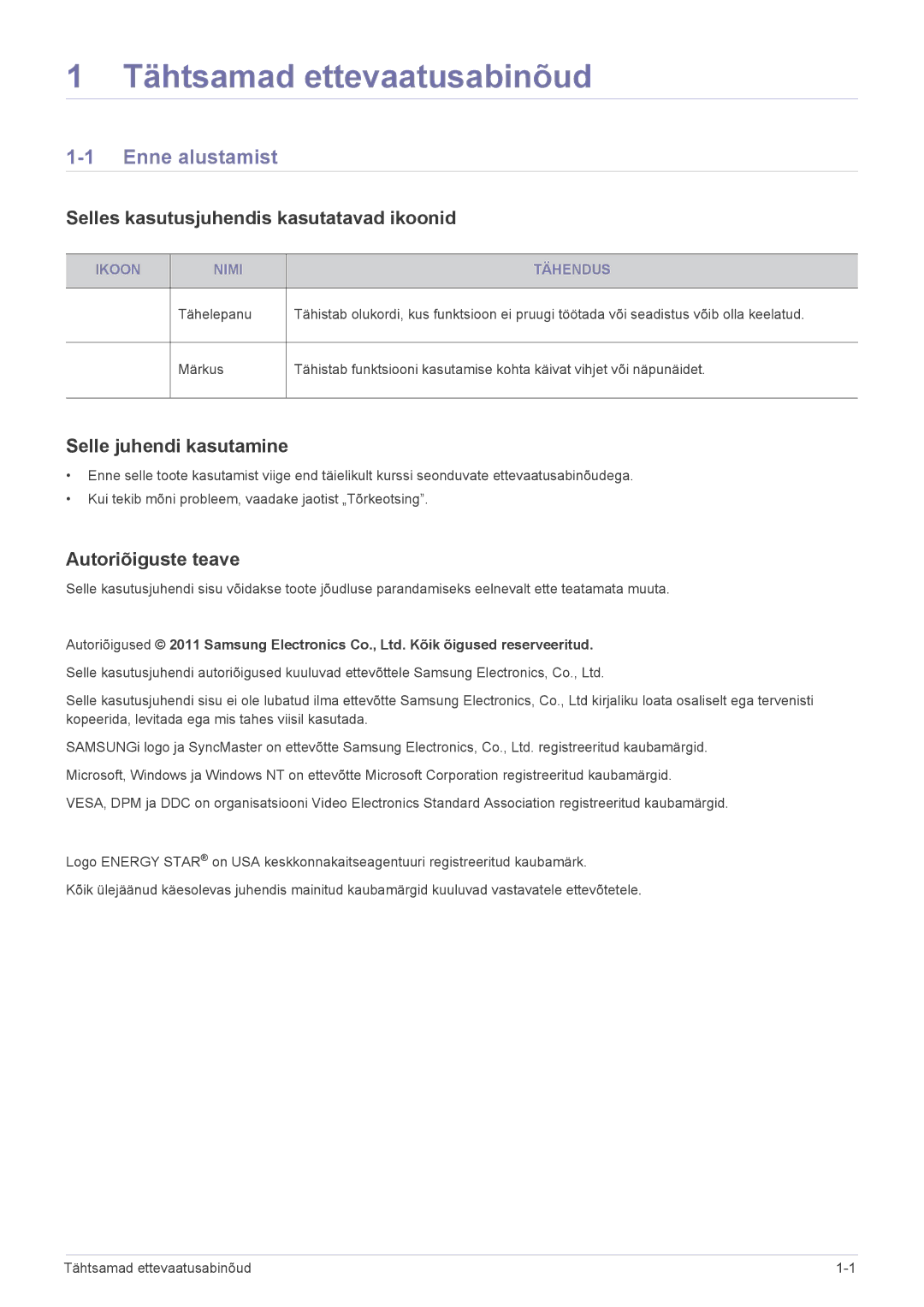 Samsung LS24A300HSZ/EN manual Tähtsamad ettevaatusabinõud, Enne alustamist, Selles kasutusjuhendis kasutatavad ikoonid 