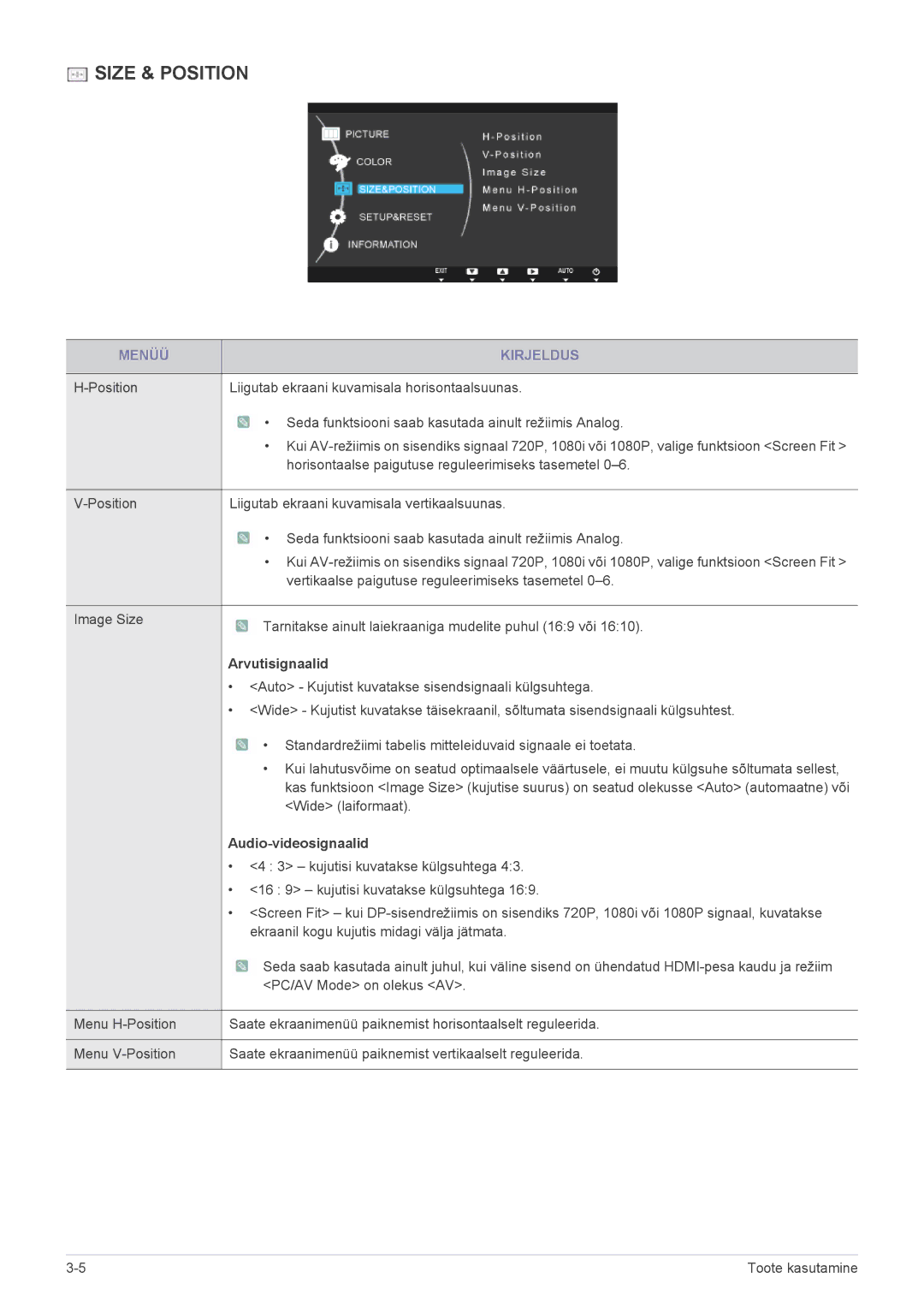 Samsung LS22A300HSZ/EN manual Position Liigutab ekraani kuvamisala horisontaalsuunas, Arvutisignaalid, Audio-videosignaalid 