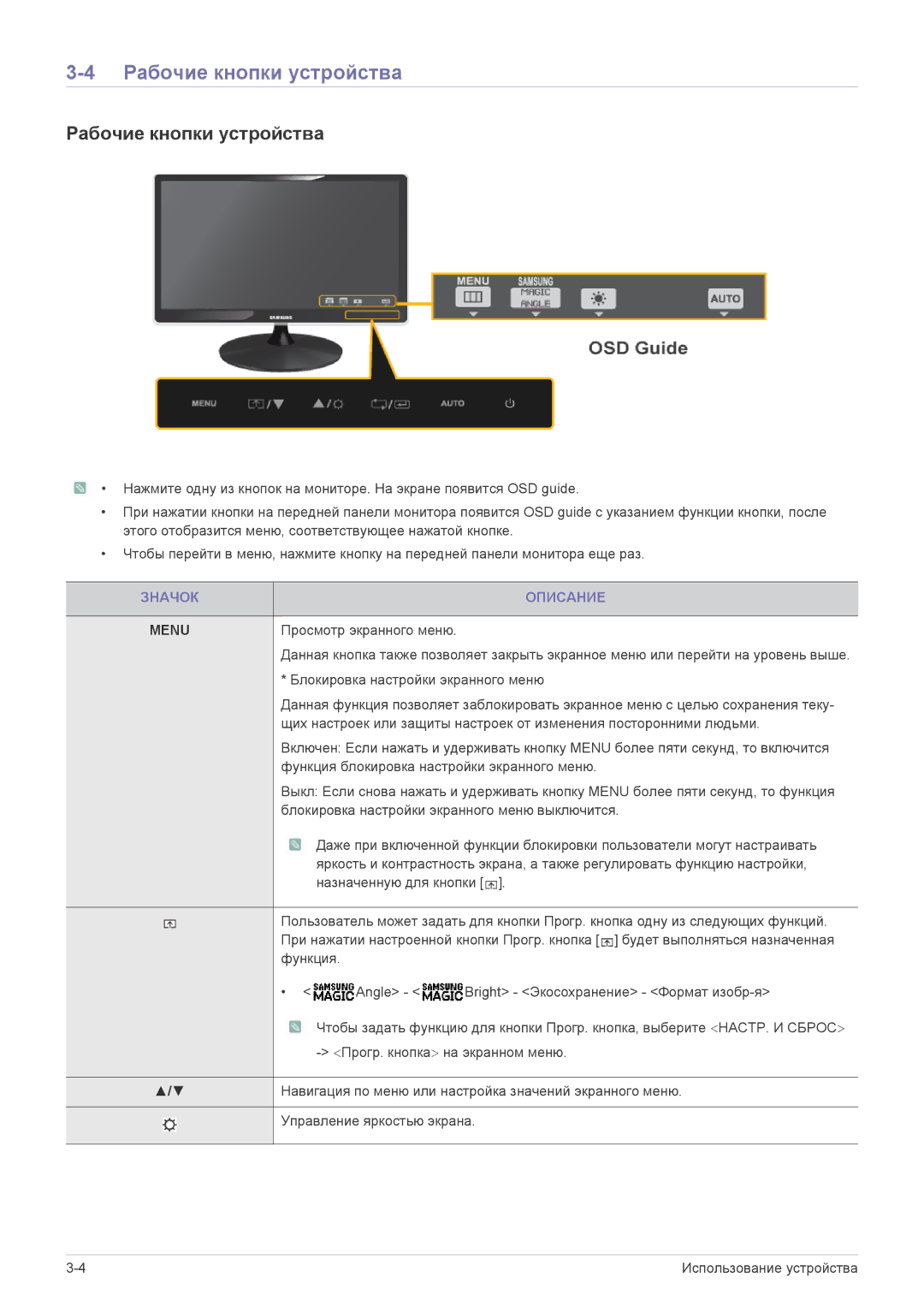 Samsung LS22A350NS/CI, LS23A350NS/CI manual Рабочие кнопки устройства, Значок Описание 