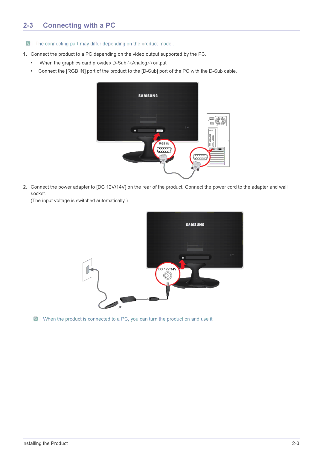 Samsung LS23A350NS/CI, LS22A350NS/CI manual Connecting with a PC, Connecting part may differ depending on the product model 