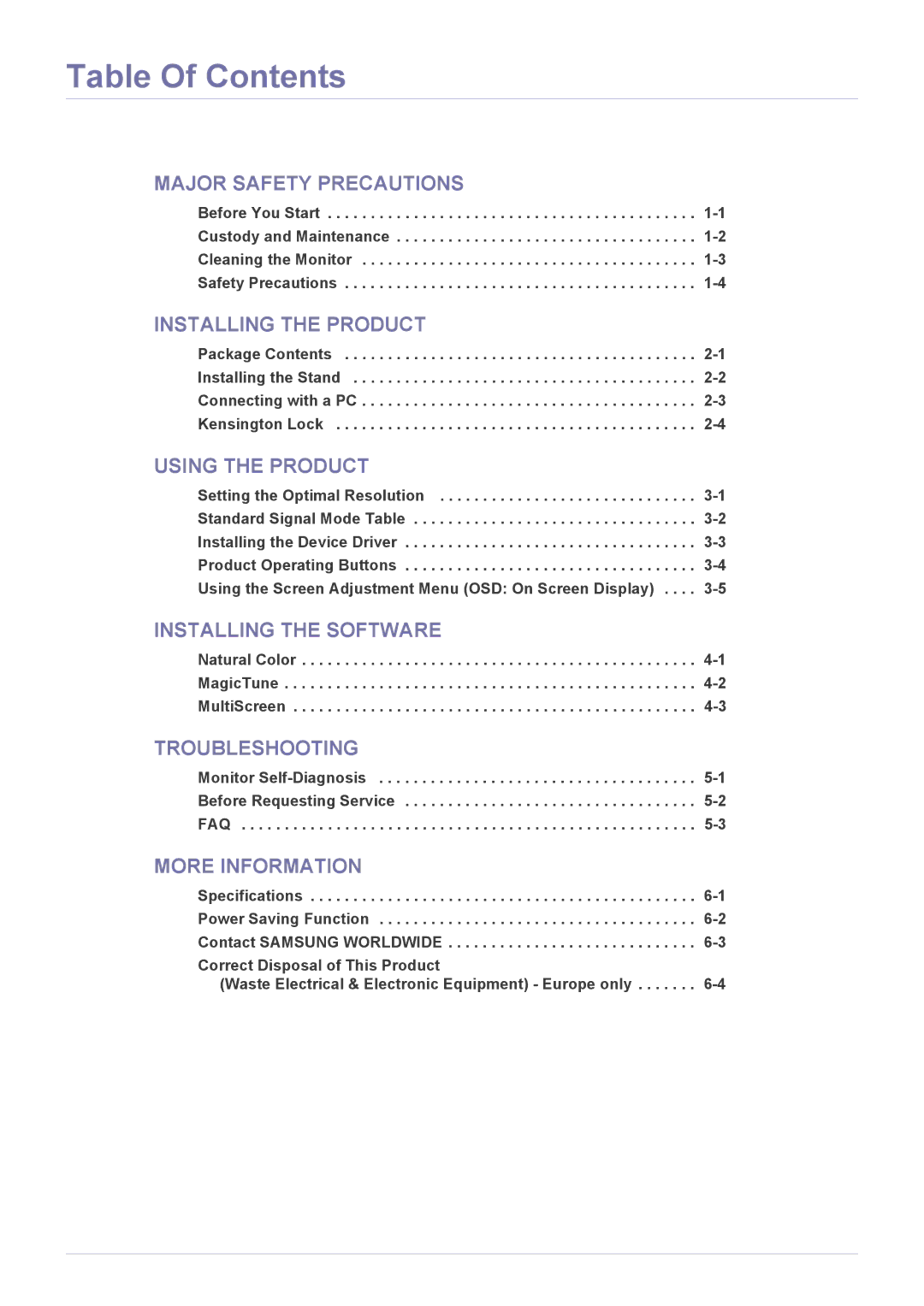 Samsung LS22A350NS/CI, LS23A350NS/CI manual Table Of Contents 