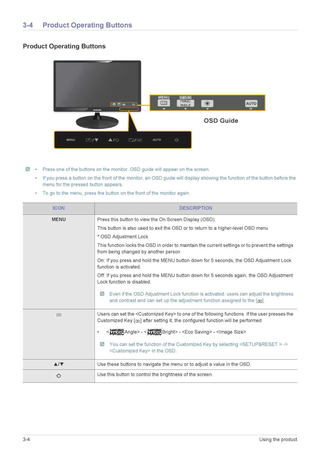 Samsung LS22A350NS/CI, LS23A350NS/CI manual Product Operating Buttons, Icon Description 