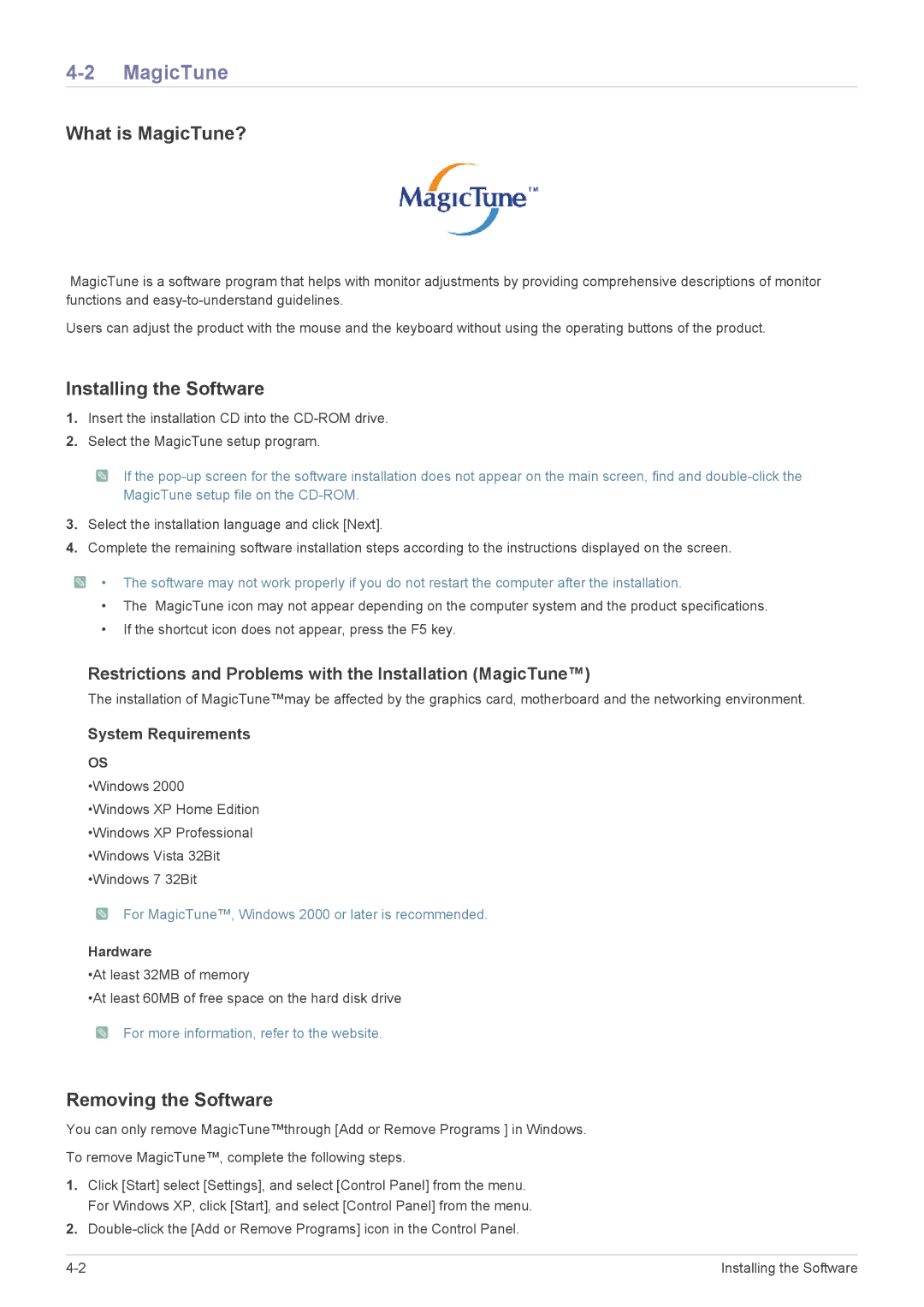 Samsung LS22A350NS/CI, LS23A350NS/CI manual What is MagicTune?, Installing the Software, Removing the Software, Hardware 