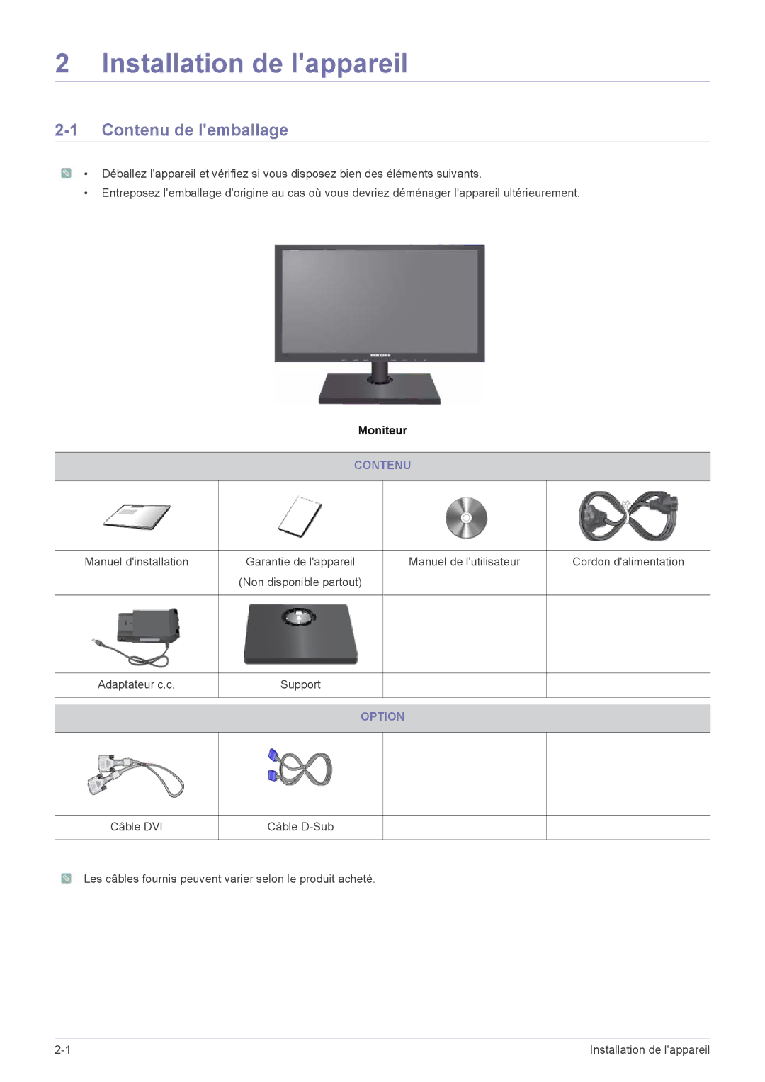 Samsung LS22A460BSU/EN manual Installation de lappareil, Contenu de lemballage, Option 