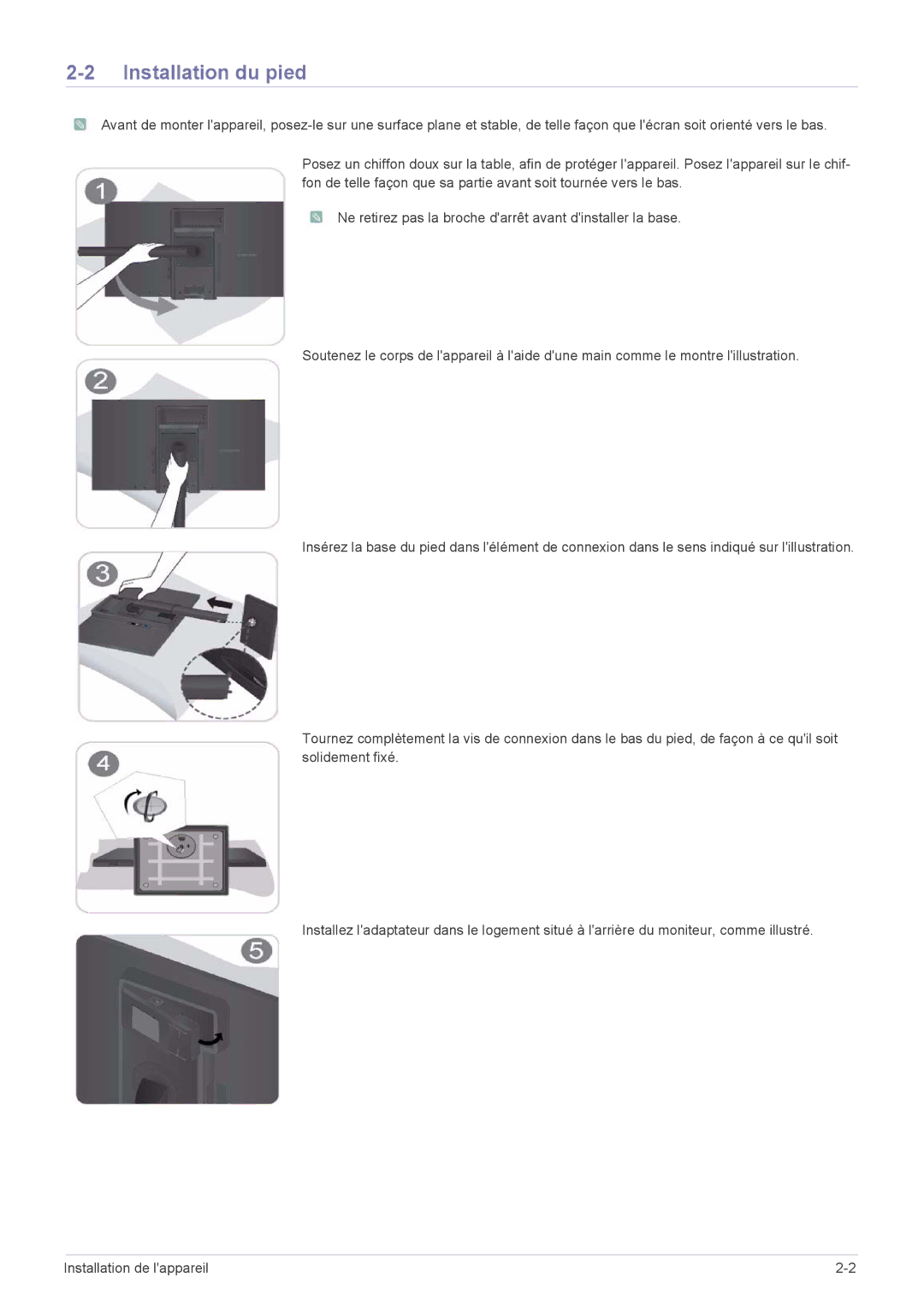 Samsung LS22A460BSU/EN manual Installation du pied 