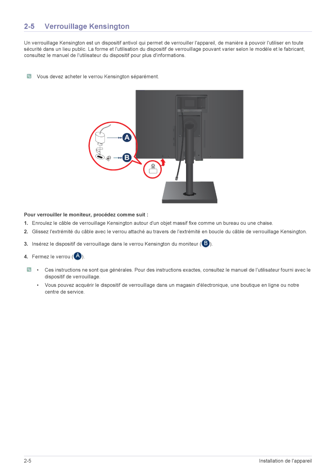 Samsung LS22A460BSU/EN manual Verrouillage Kensington, Pour verrouiller le moniteur, procédez comme suit 