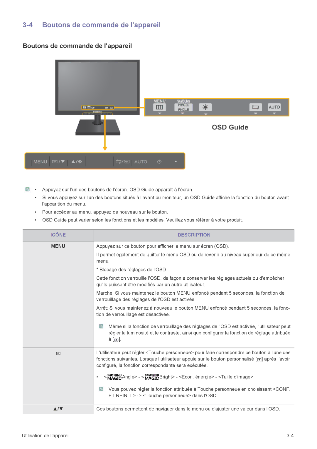 Samsung LS22A460BSU/EN manual Boutons de commande de lappareil, Icône Description 