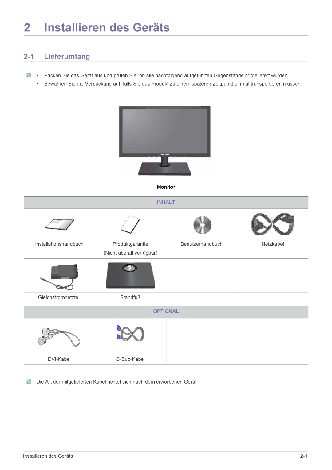 Samsung LS22A460BSU/EN manual Installieren des Geräts, Lieferumfang, Inhalt, Optional 