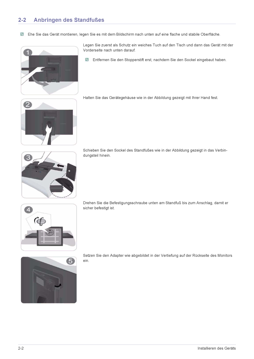 Samsung LS22A460BSU/EN manual Anbringen des Standfußes 