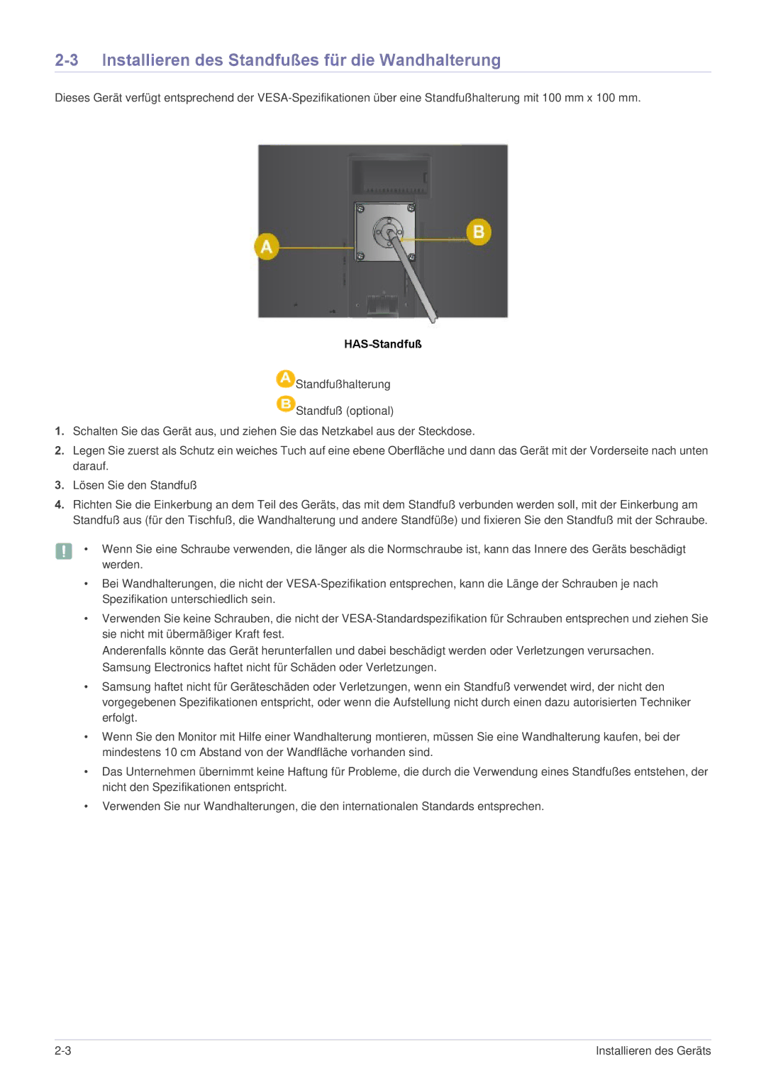 Samsung LS22A460BSU/EN manual Installieren des Standfußes für die Wandhalterung, HAS-Standfuß 