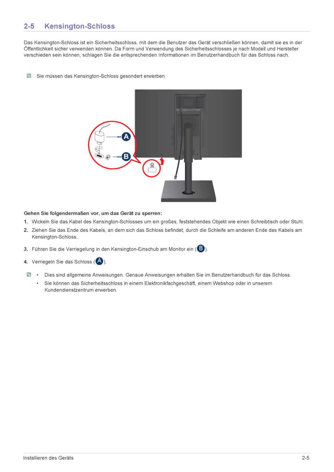 Samsung LS22A460BSU/EN manual Kensington-Schloss, Gehen Sie folgendermaßen vor, um das Gerät zu sperren 