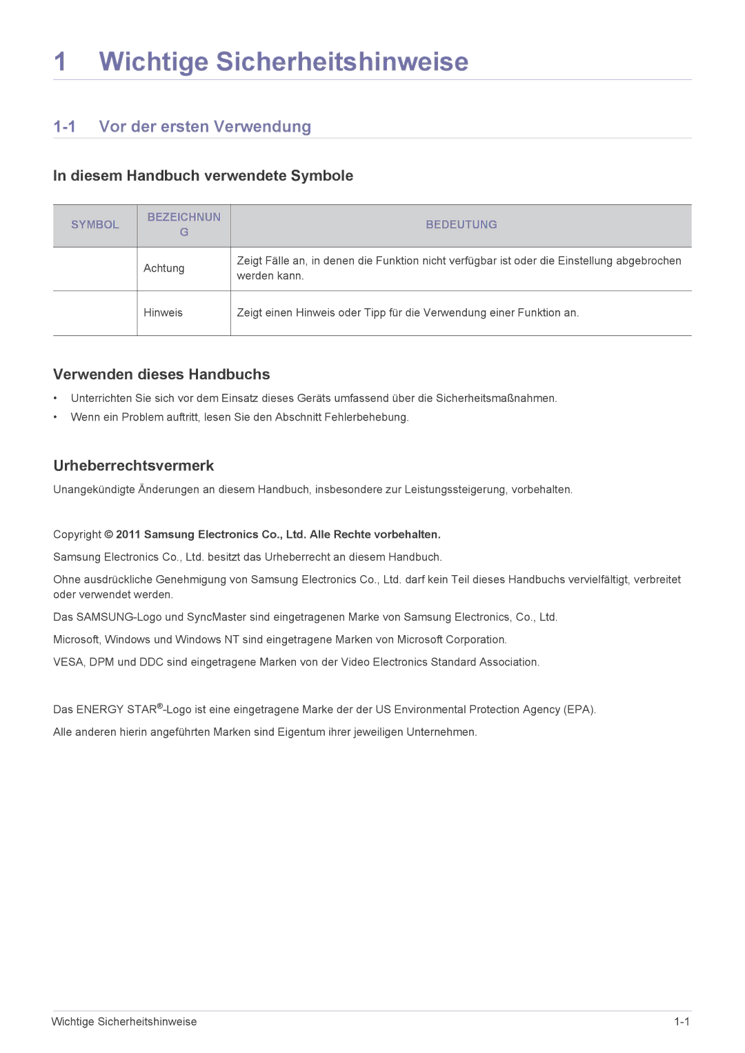 Samsung LS22A460BSU/EN manual Wichtige Sicherheitshinweise, Vor der ersten Verwendung, Diesem Handbuch verwendete Symbole 