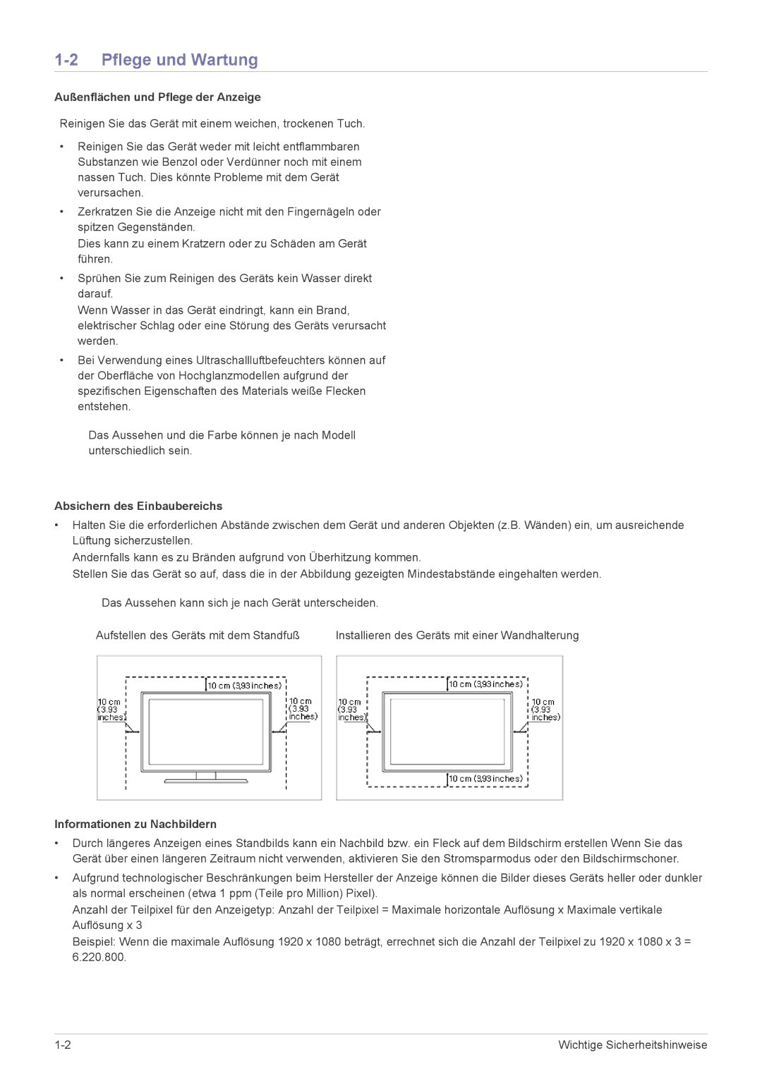 Samsung LS22A460BSU/EN manual Pflege und Wartung, Außenflächen und Pflege der Anzeige, Absichern des Einbaubereichs 