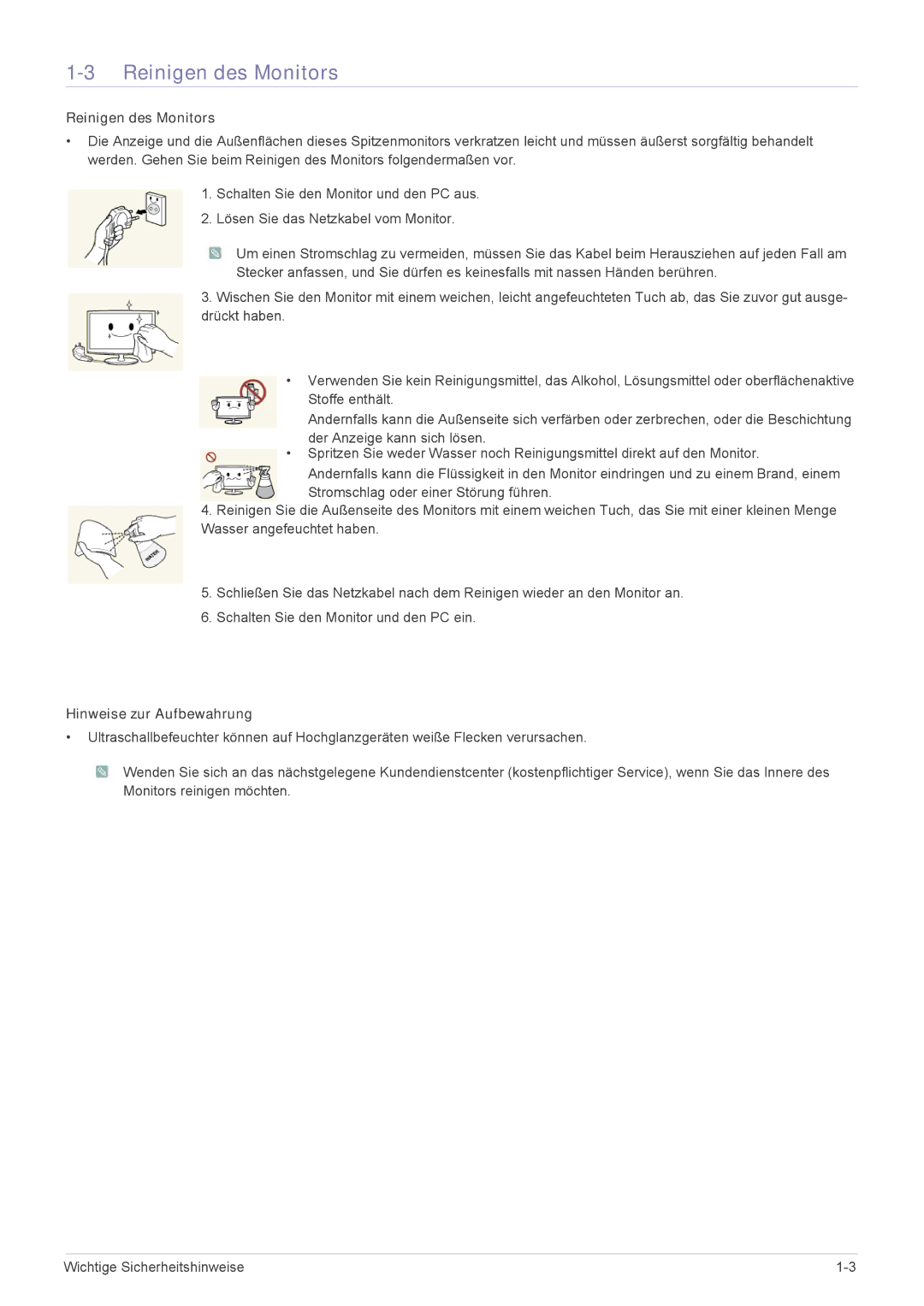 Samsung LS22A460BSU/EN manual Reinigen des Monitors, Hinweise zur Aufbewahrung 