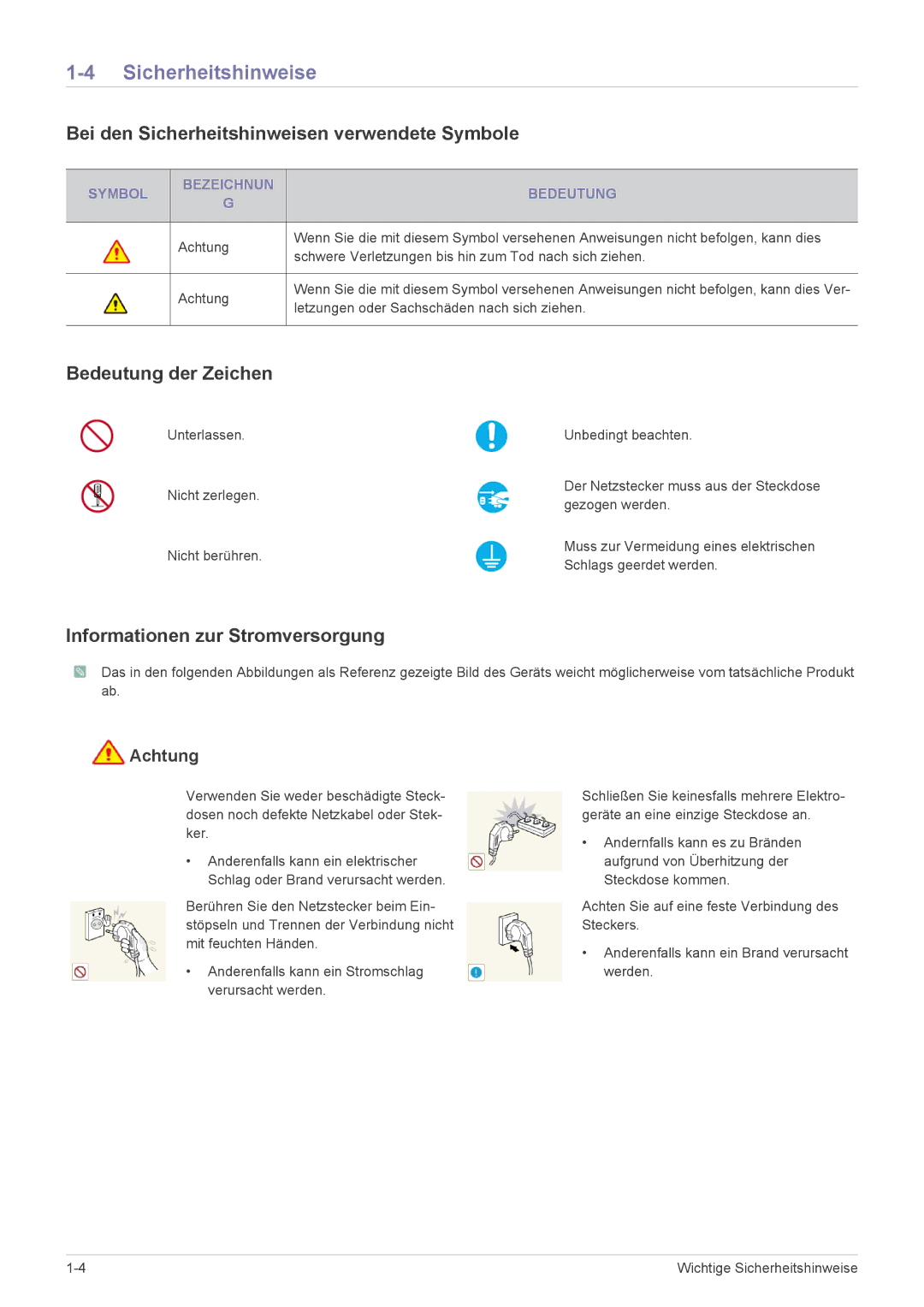 Samsung LS22A460BSU/EN manual Bei den Sicherheitshinweisen verwendete Symbole, Bedeutung der Zeichen 