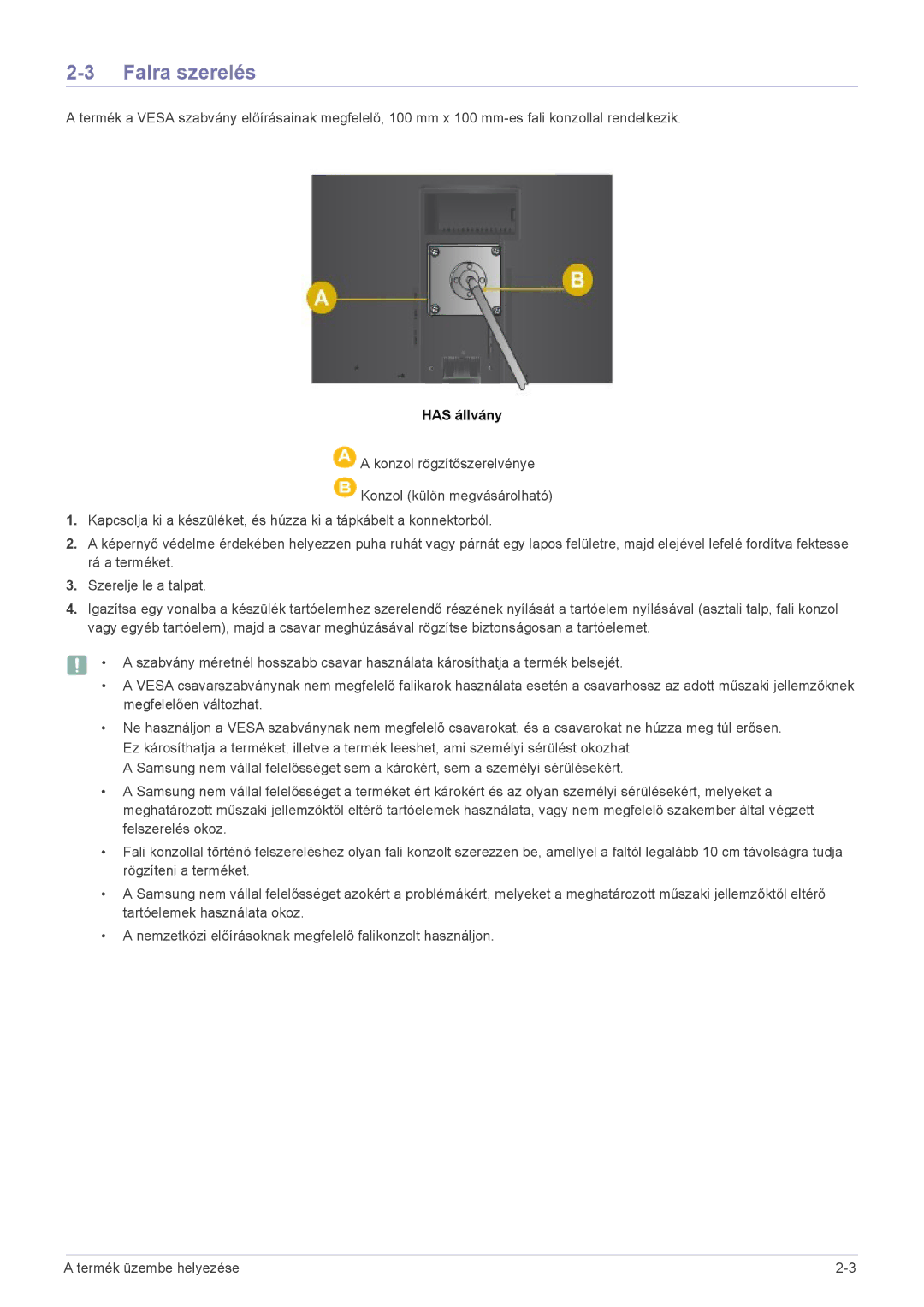 Samsung LS22A460BSU/EN manual Falra szerelés, Has állvány 