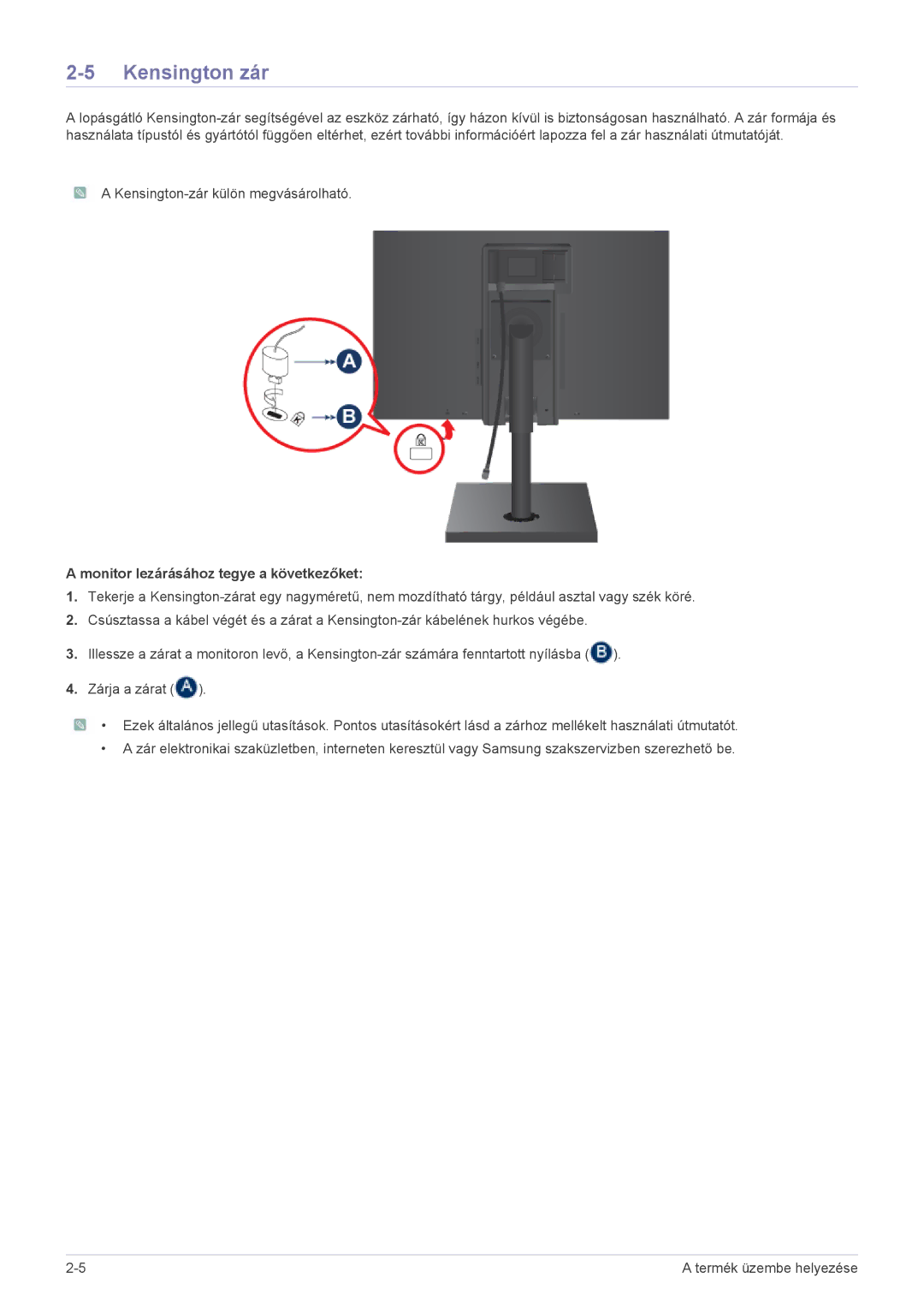 Samsung LS22A460BSU/EN manual Kensington zár, Monitor lezárásához tegye a következőket 