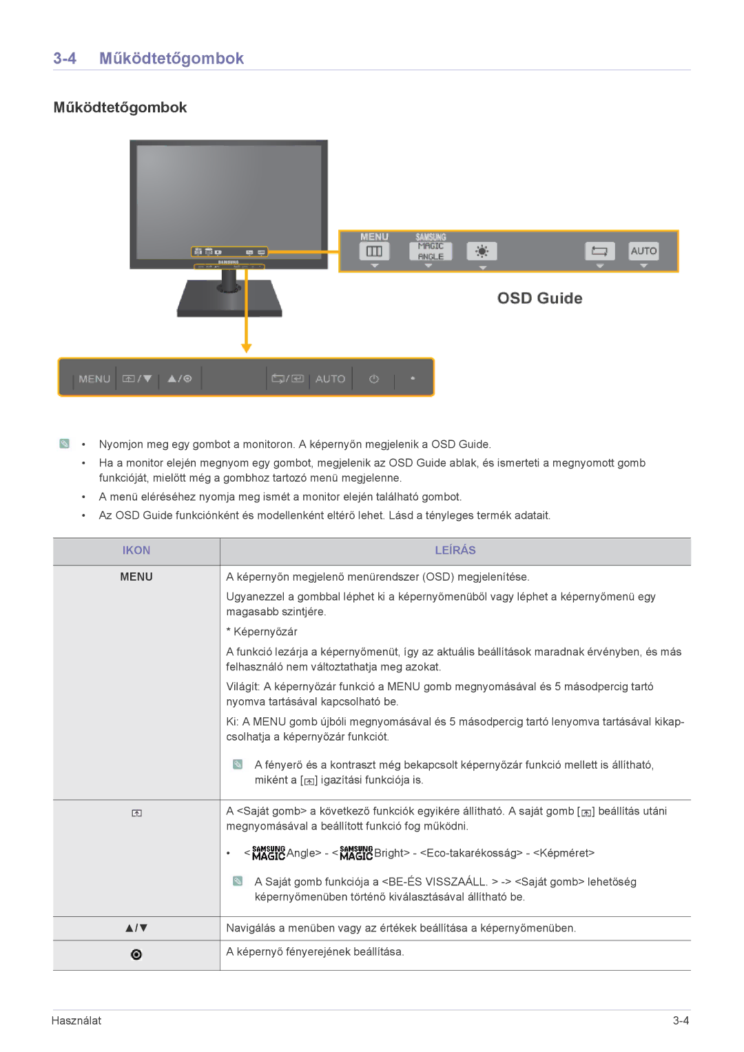 Samsung LS22A460BSU/EN manual Működtetőgombok, Ikon Leírás 