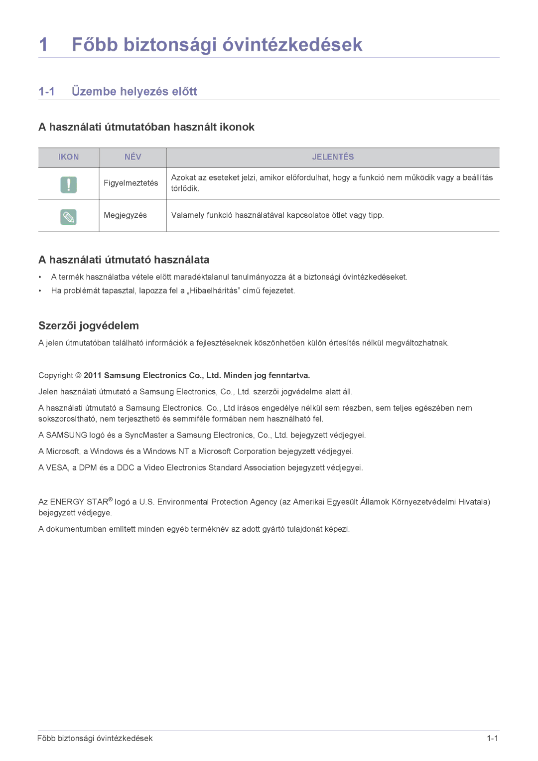 Samsung LS22A460BSU/EN manual Főbb biztonsági óvintézkedések, Üzembe helyezés előtt, Használati útmutatóban használt ikonok 