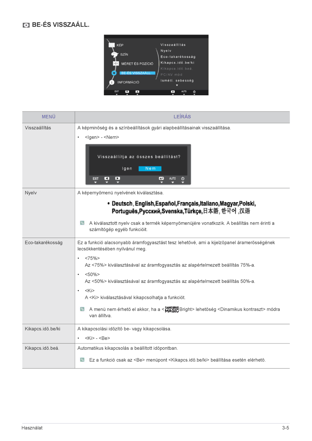 Samsung LS22A460BSU/EN manual BE-ÉS Visszaáll 