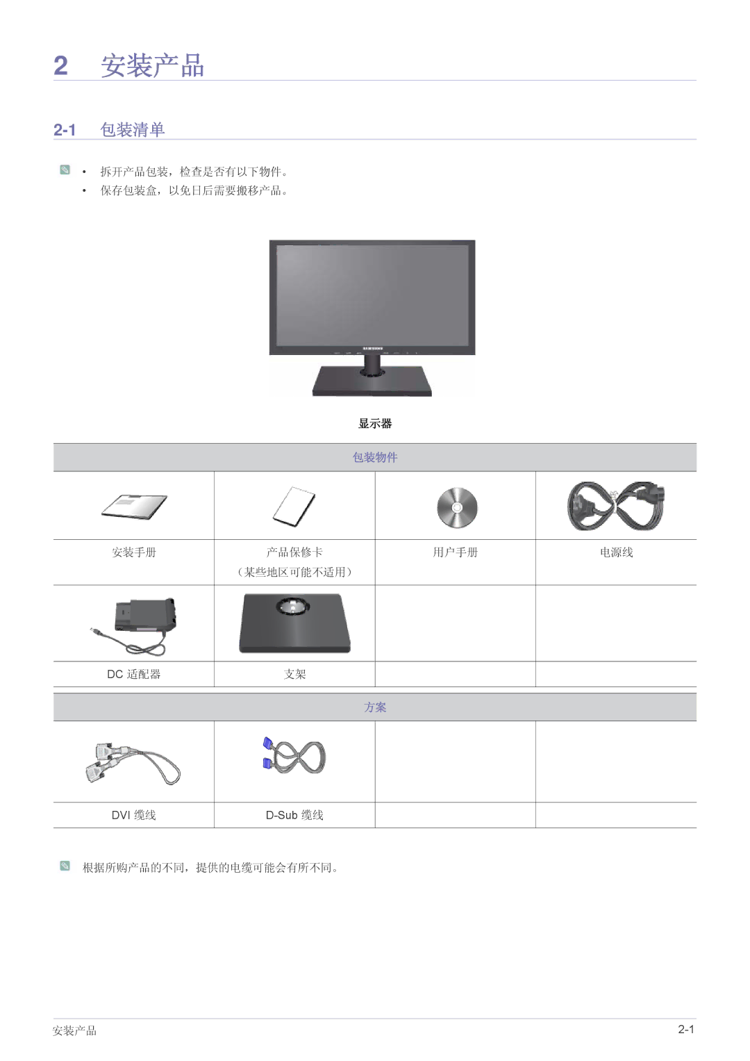 Samsung LS22A460BSU/EN manual 安装产品, 包装清单, 包装物件 